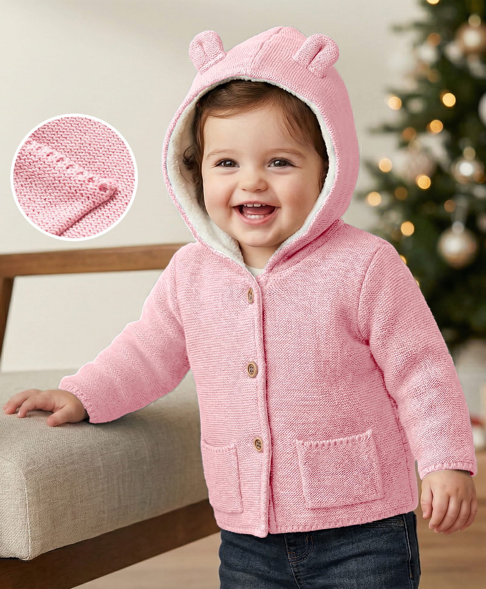 Babyoye 100% Cotton Knitted Full Sleeves Solid Dyed Hooded Front Open Sweater - Pink-image-46