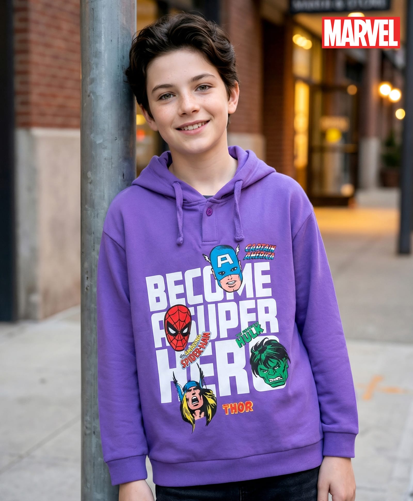 Pine Kids Marvel Terry Knit Drop Shoulder Full Sleeves Hooded Sweatshirt with Avengers Graphic - Purple-picture-18