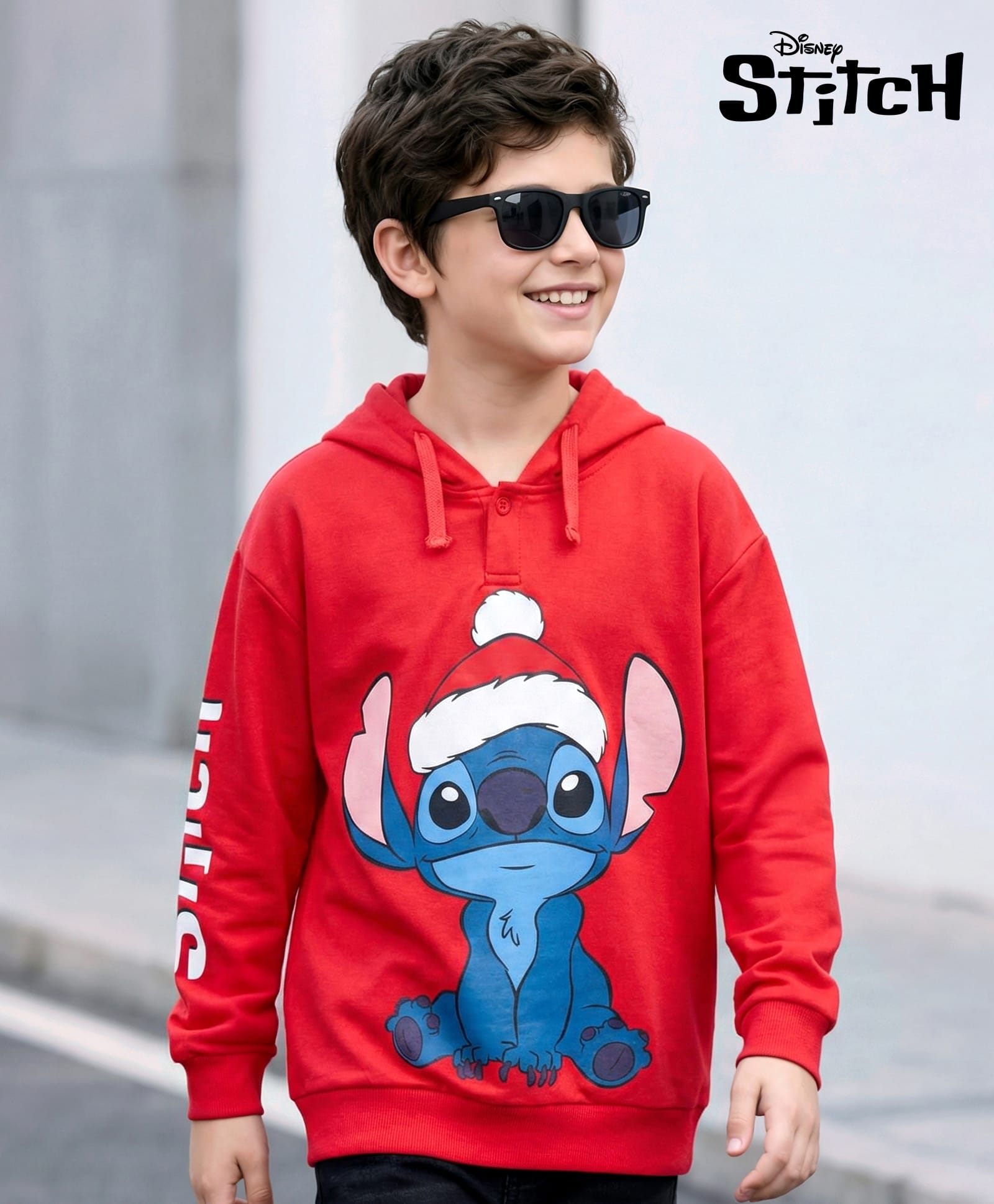 Pine Kids Disney Terry Knit Full Sleeves Hooded Sweatshirt with Lilo & Stitch Graphic - Red-picture-17
