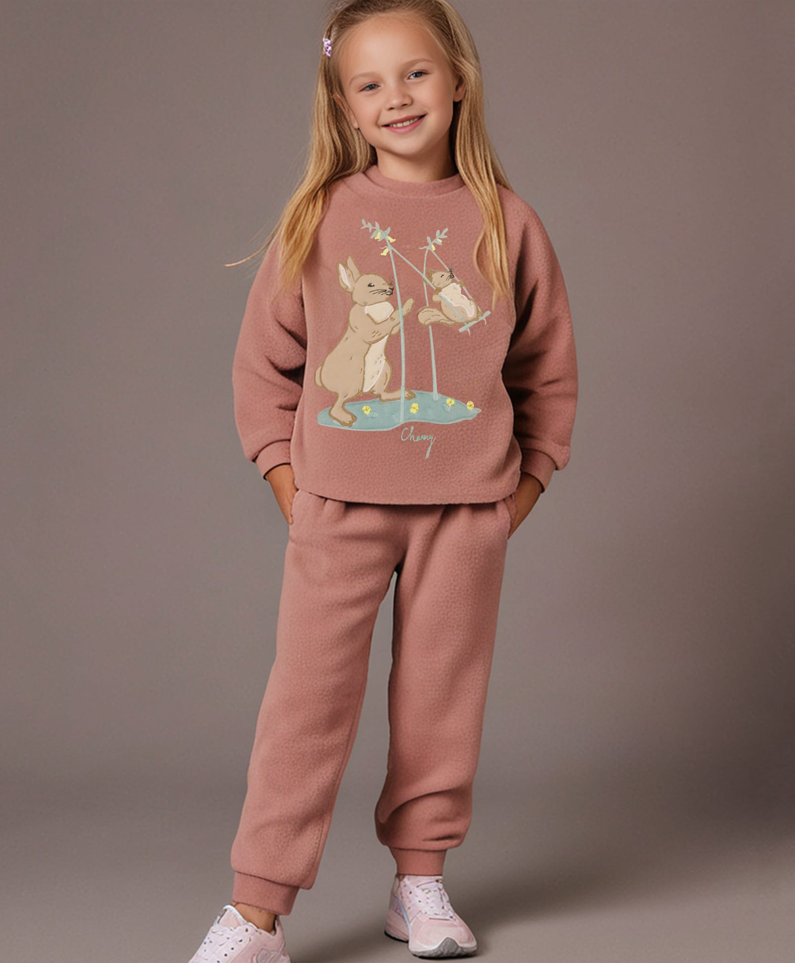 Cherry Crumble By Nitt Hyman Knit Full Sleeves Bunny Patch Detailed Winter Night Suit Set - Peach-picture-30