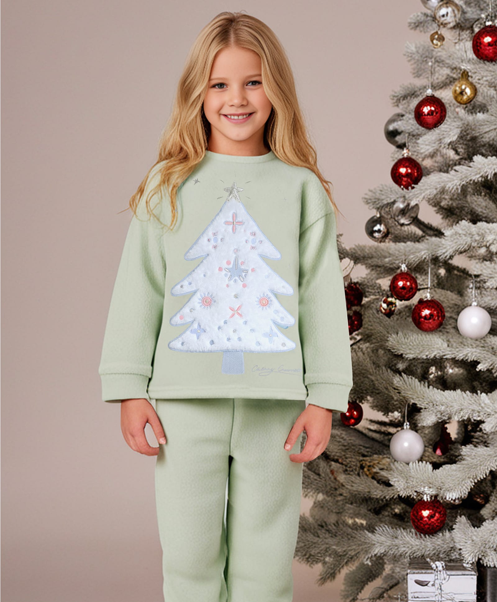 Cherry Crumble By Nitt Hyman Knit Full Sleeves Tree Patch Detailed Winter Night Suit Set - Mint-picture-19
