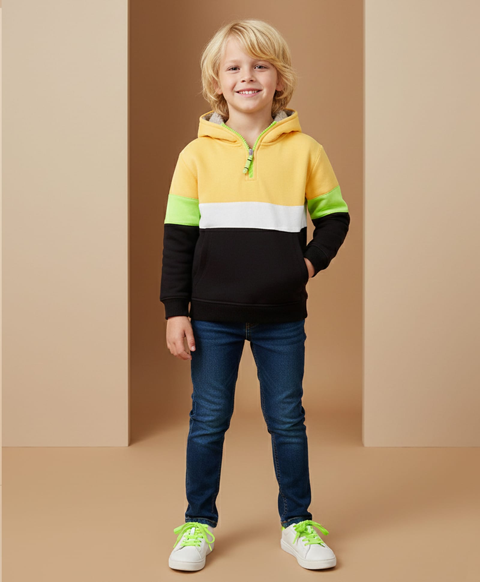 Cherry Crumble By Nitt Hyman Cotton Blend Knit Full Sleeves Colour Blocked Light Winter Hooded Sweatshirt - Multi Colour-picture-19