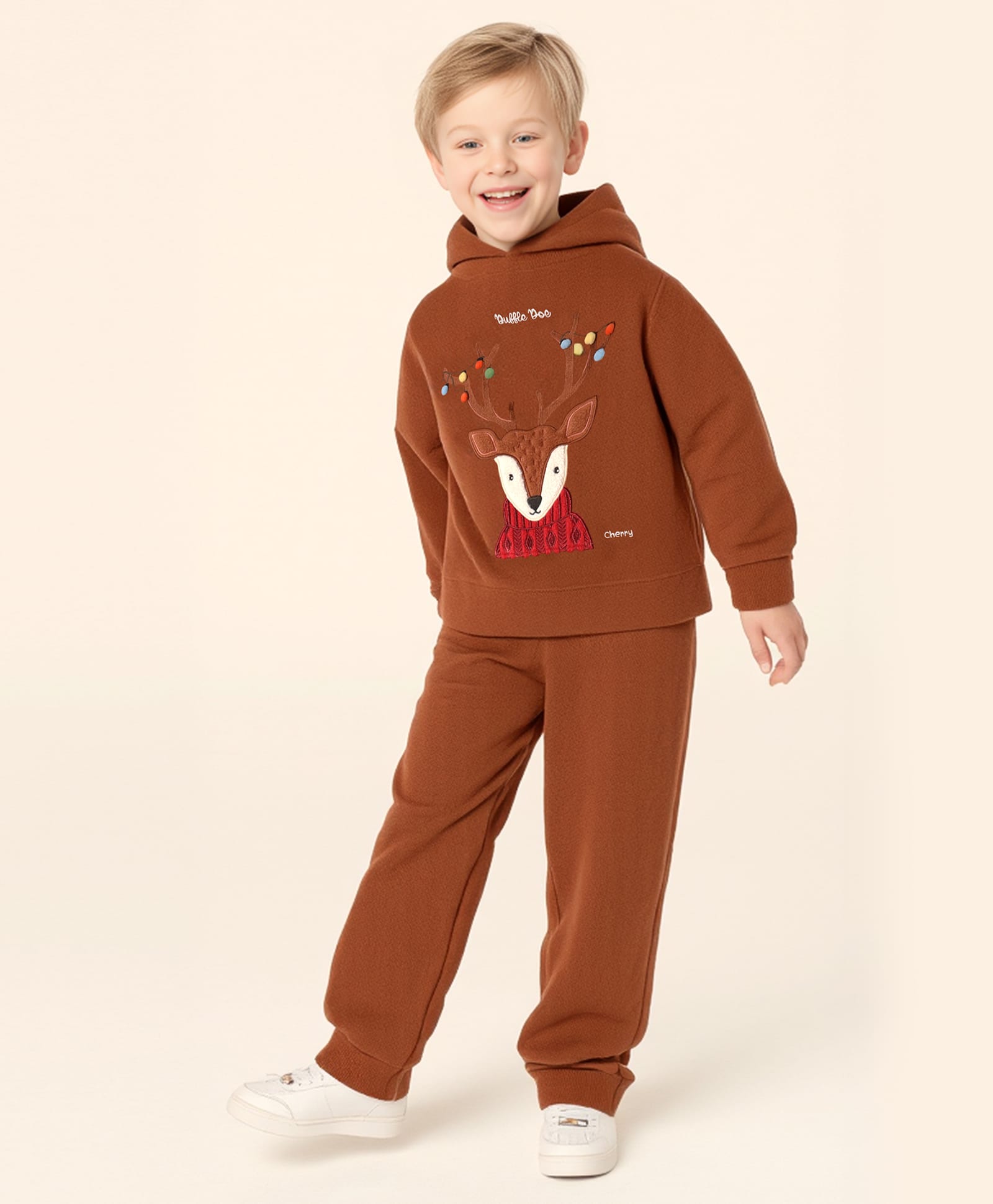 Cherry Crumble By Nitt Hyman Knit Full Sleeves Reindeer Patch Detailed Hooded Heavy Winter Sweatshirt & Joggers Set - Brown-image-26