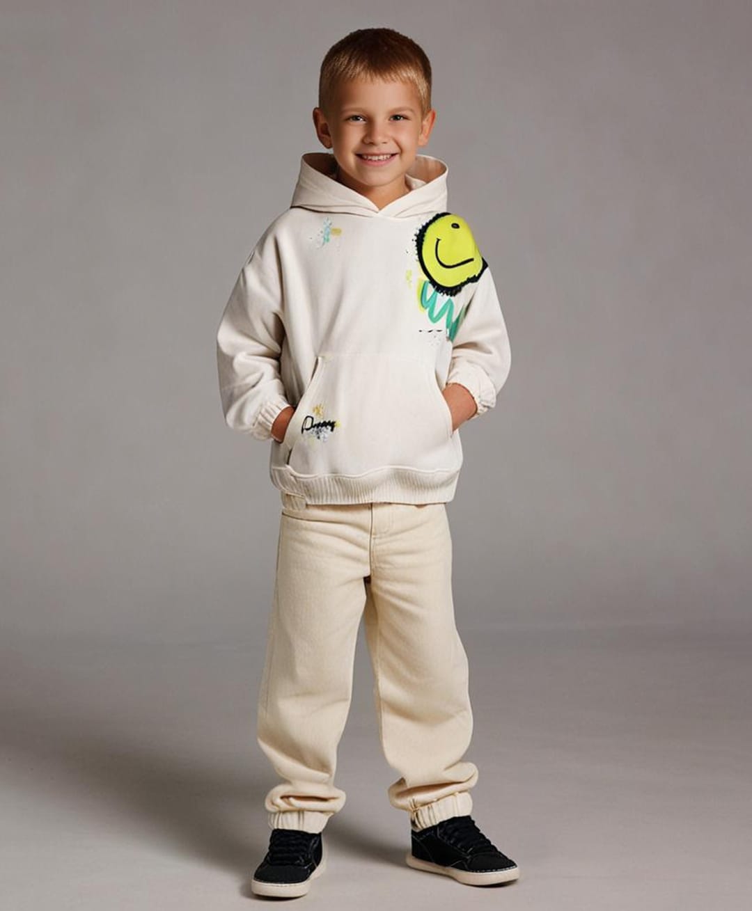 Cherry Crumble By Nitt Hyman Knit Full Sleeves Smiley Face Printed Light Winter Hoodie - Cream-picture-17