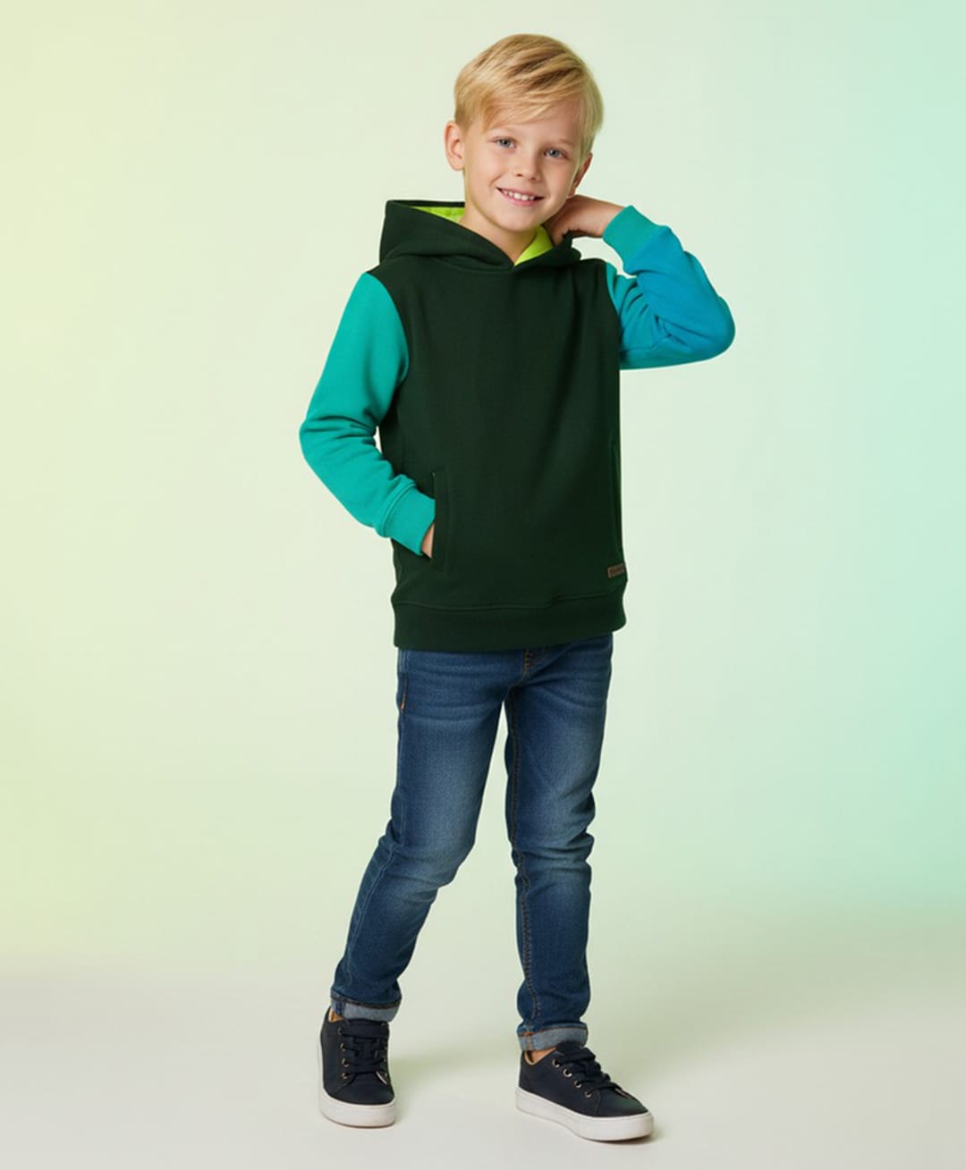 Cherry Crumble By Nitt Hyman Cotton Blend Knit Full Sleeves Colour Blocked Light Winter Hooded Sweatshirt - Dark Green-picture-20