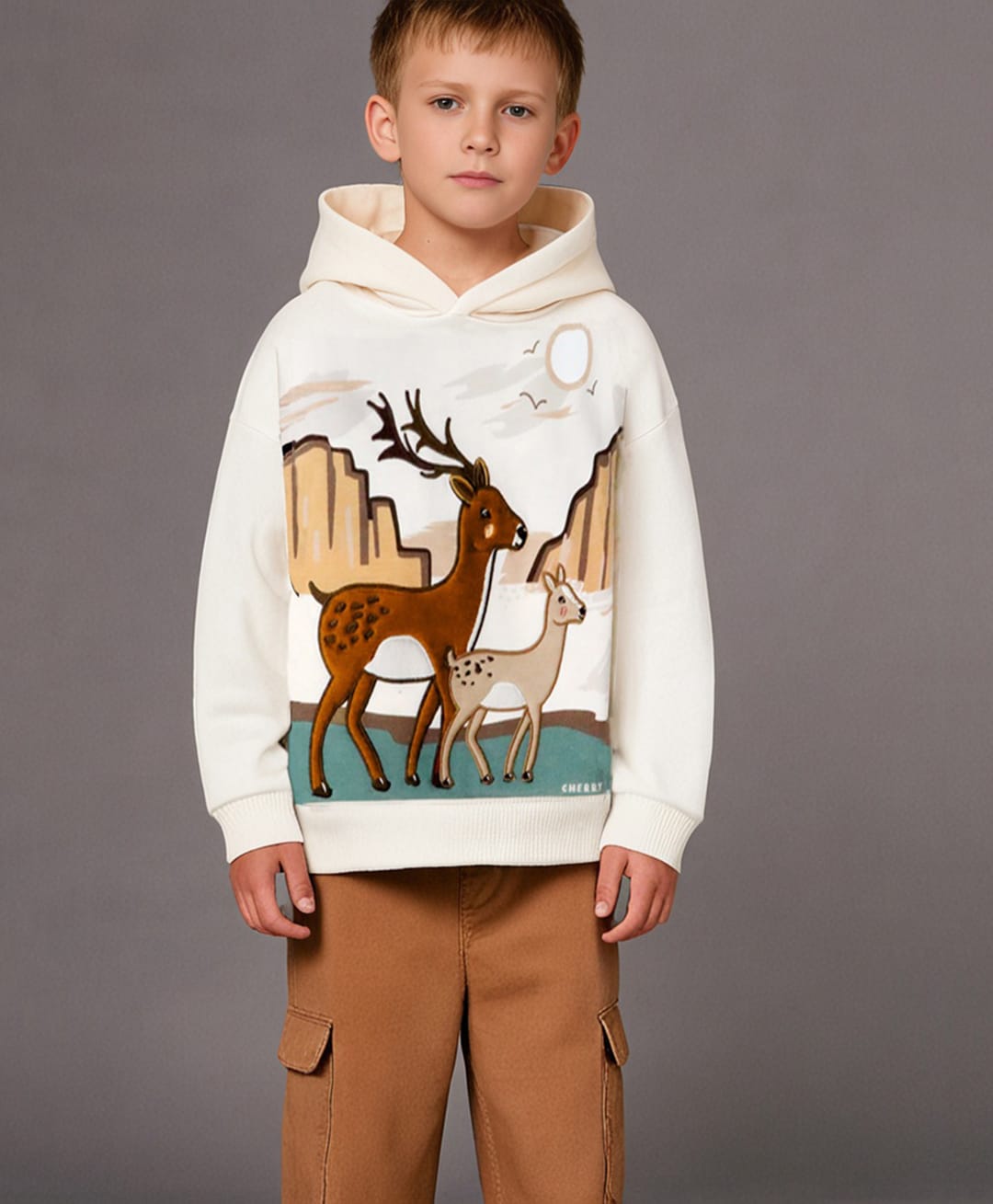 Cherry Crumble By Nitt Hyman Full Sleeves Deer Patch Detailed Light Winter Hooded Sweatshirt - Cream-picture-15