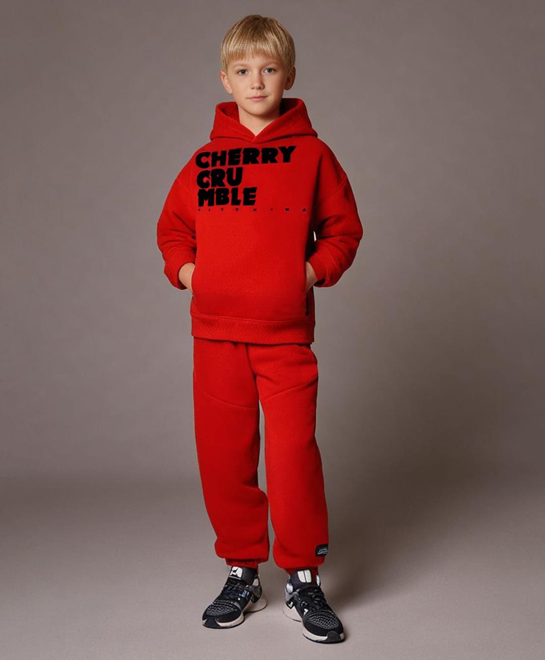 Cherry Crumble By Nitt Hyman Knit Full Sleeves Brand Name Flock Printed Hooded Heavy Winter Sweatshirt & Joggers Set - Red-picture-11