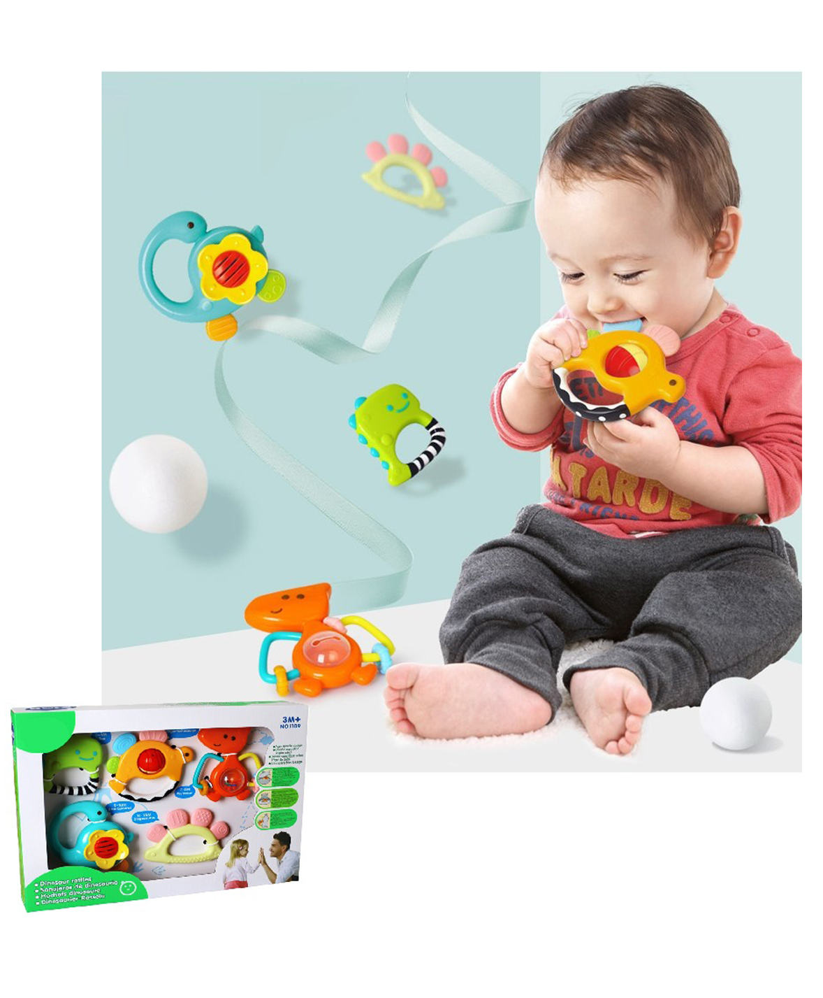 Sanjary Set of 5 Dino Rattles Teether Baby Rattles Set color design may vary-picture-32