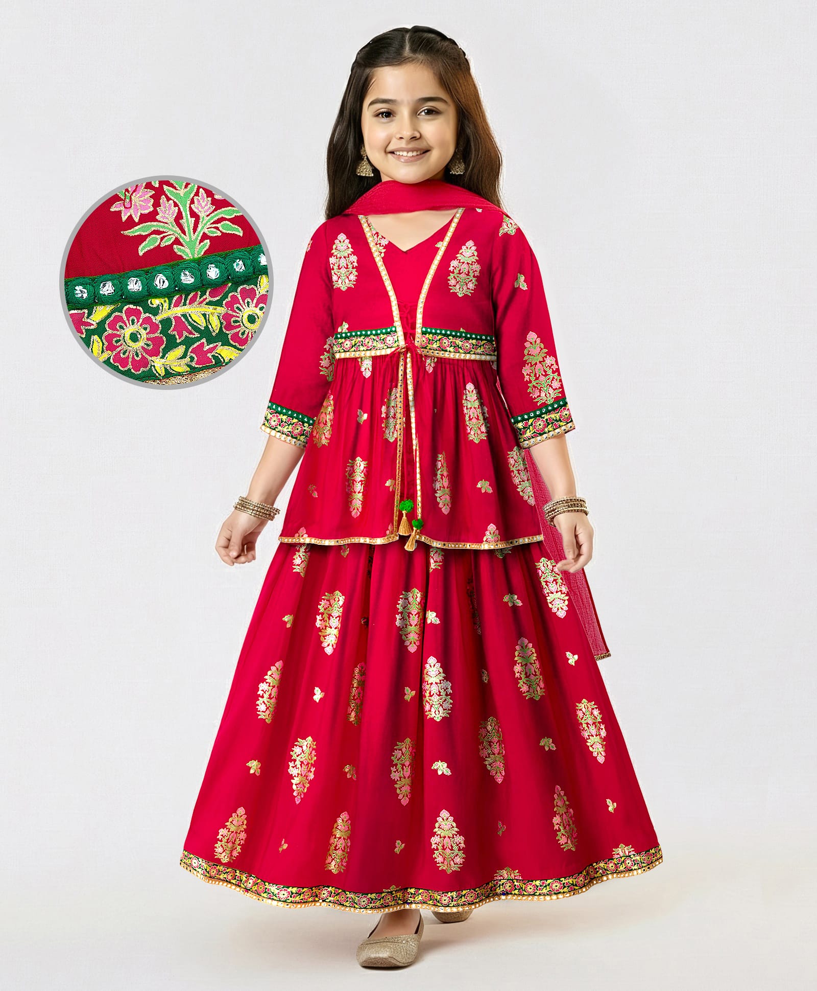 EARTHY TOUCH Woven Three Fourth Sleeves Floral Glitter Printed Choli Lehenga Set with Dupatta & Lace Detailing - Red-image-49