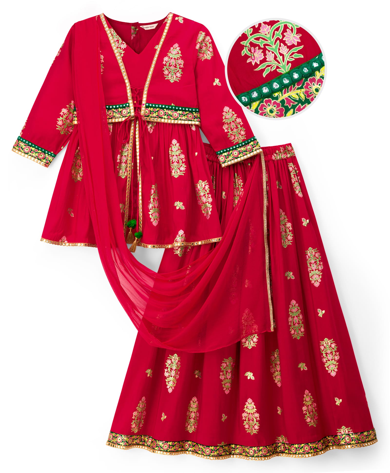 EARTHY TOUCH Woven Three Fourth Sleeves Floral Glitter Printed Choli Lehenga Set with Dupatta & Lace Detailing - Red-picture-19