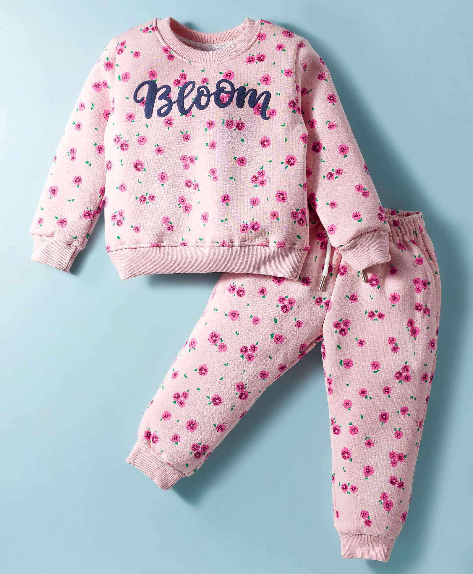 Smarty Girls Fleece Knit Full Sleeves Winter Wear Suit Set With Floral Print - Pink-image-34
