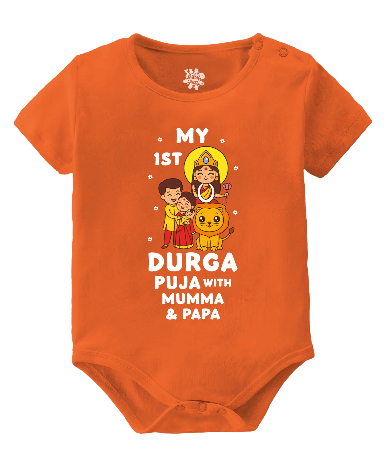 Baby Buzz 100% Cotton Knit Durga Puja Theme Half Sleeves My 1st Durga Puja With Mumma & Papa Text Printed Onesie - Orange-image-25