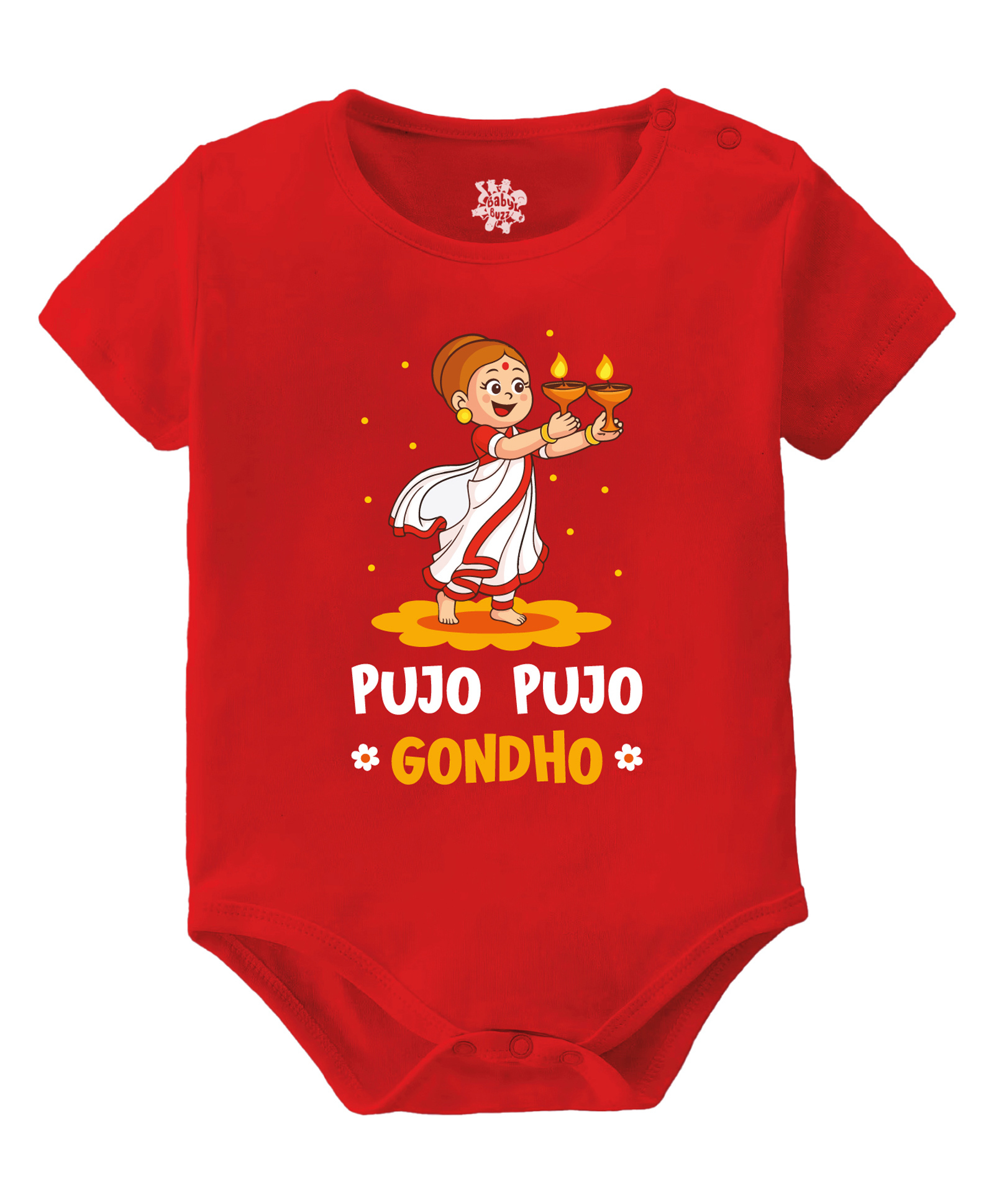 Baby Buzz 100% Cotton Knit Durga Puja Theme Half Sleeves Pujo Pujo Gondho Text Printed Onesie - Red-image-33