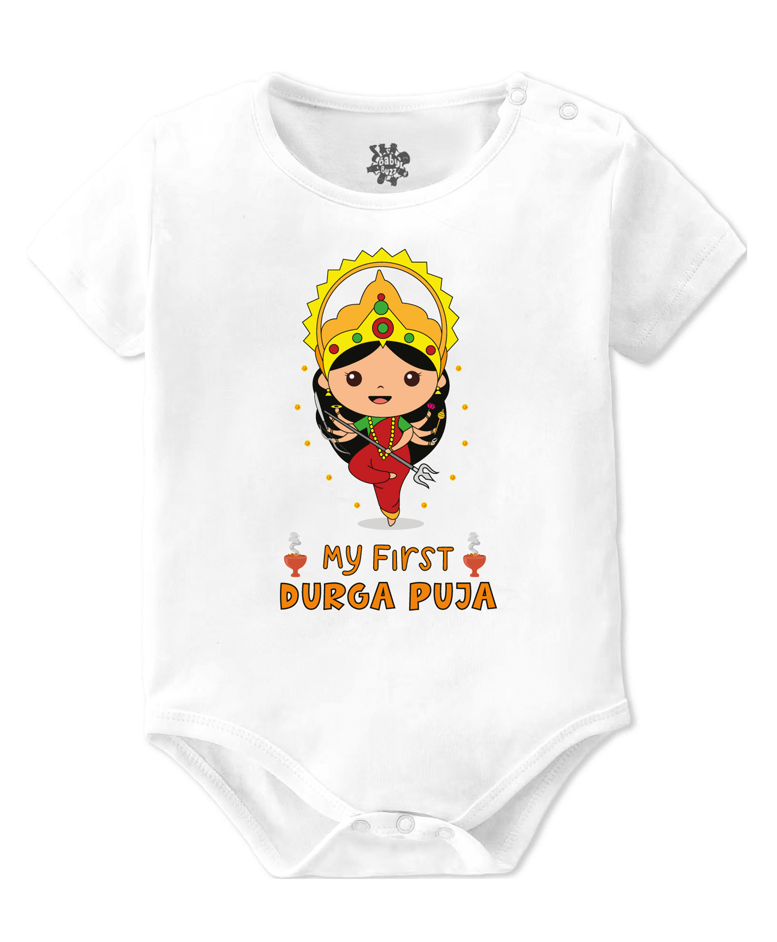 Baby Buzz 100% Cotton Knit Durga Puja Theme Half Sleeves My First Durga Puja Text Printed Onesie - White-picture-16