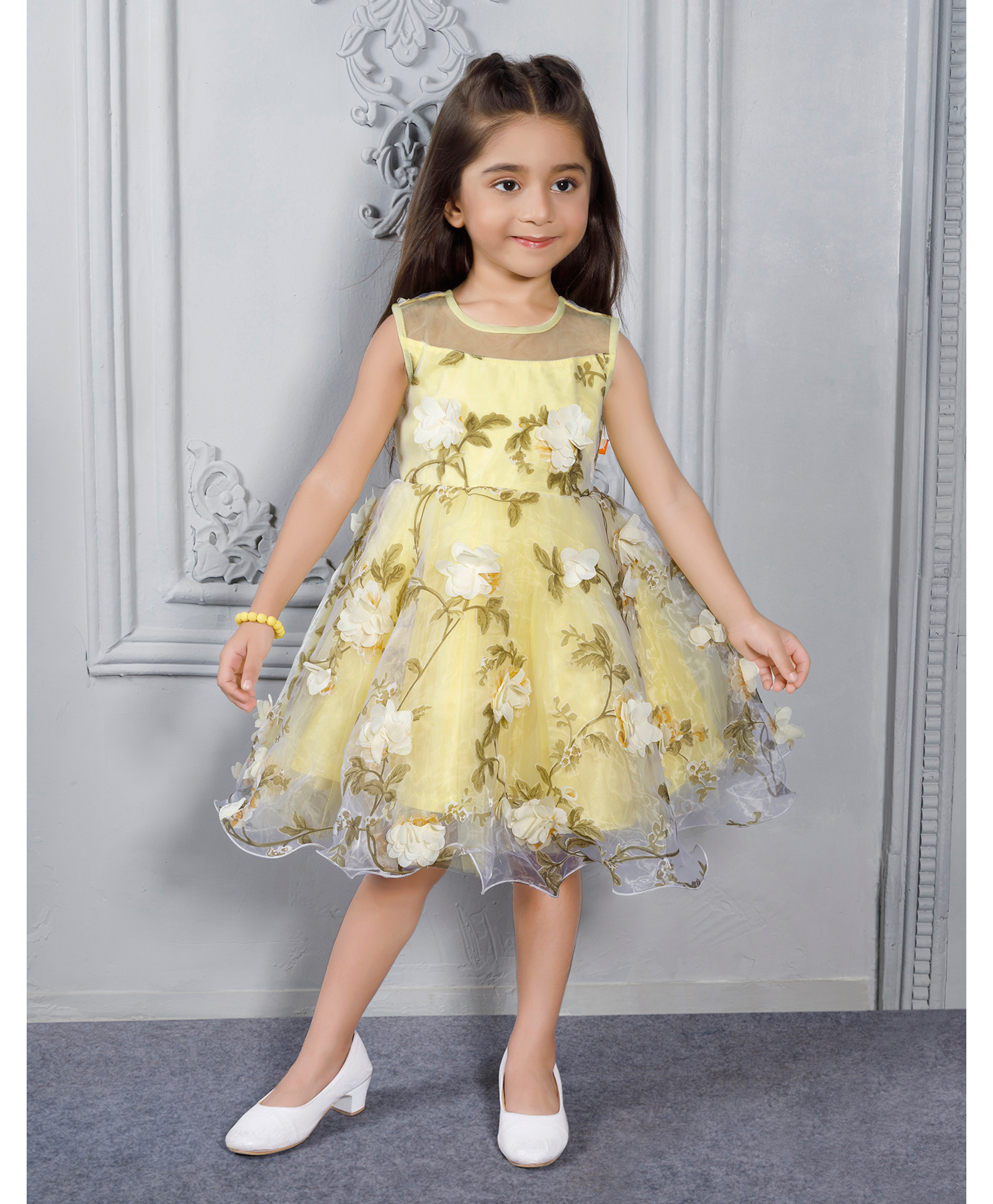 Ministitch Organza Woven Sleeveless Floral Applique Detailed Dress - Yellow-picture-49