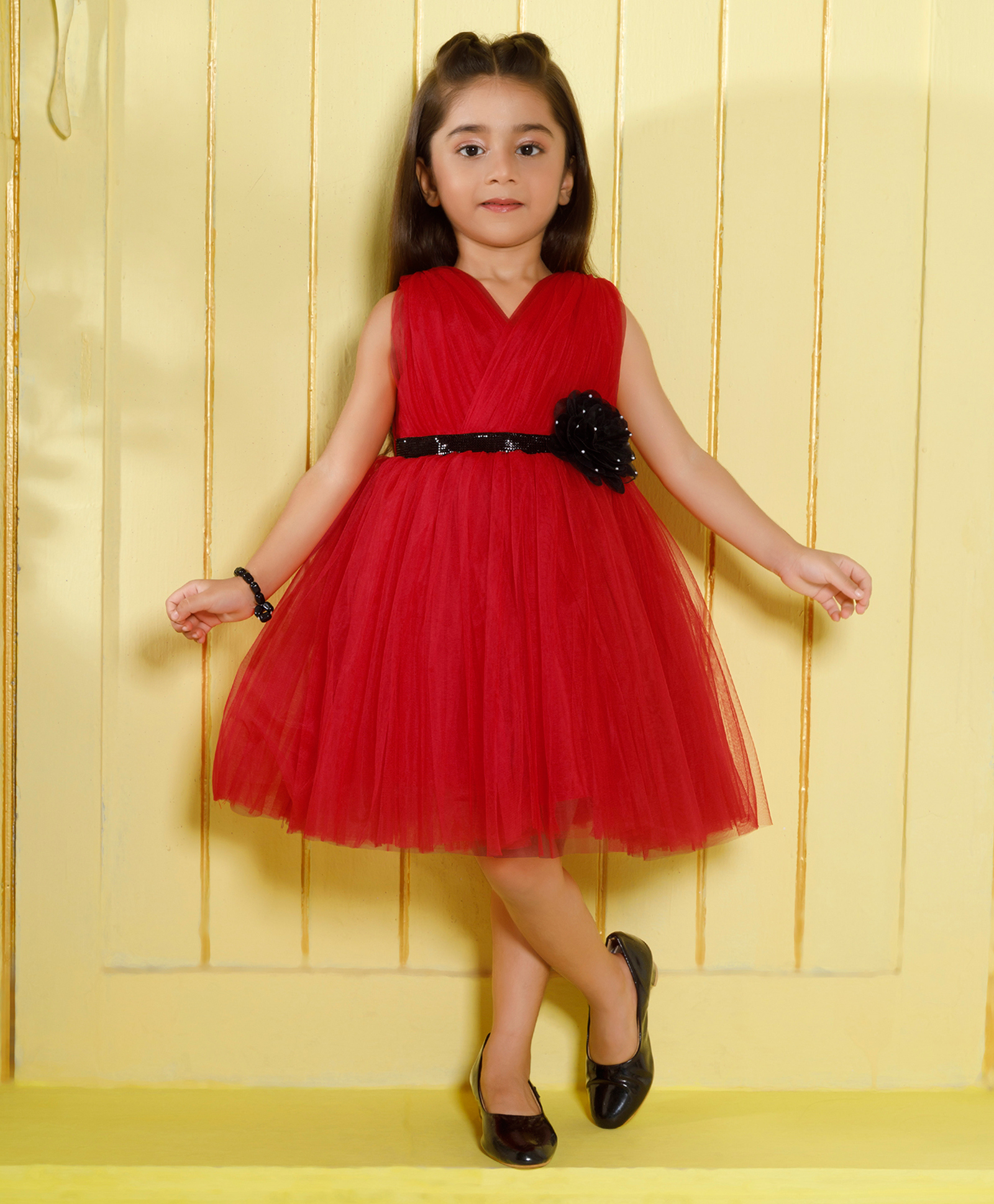 Ministitch Net Woven Sleeveless Floral Applique Detailed Dress - Red-picture-2