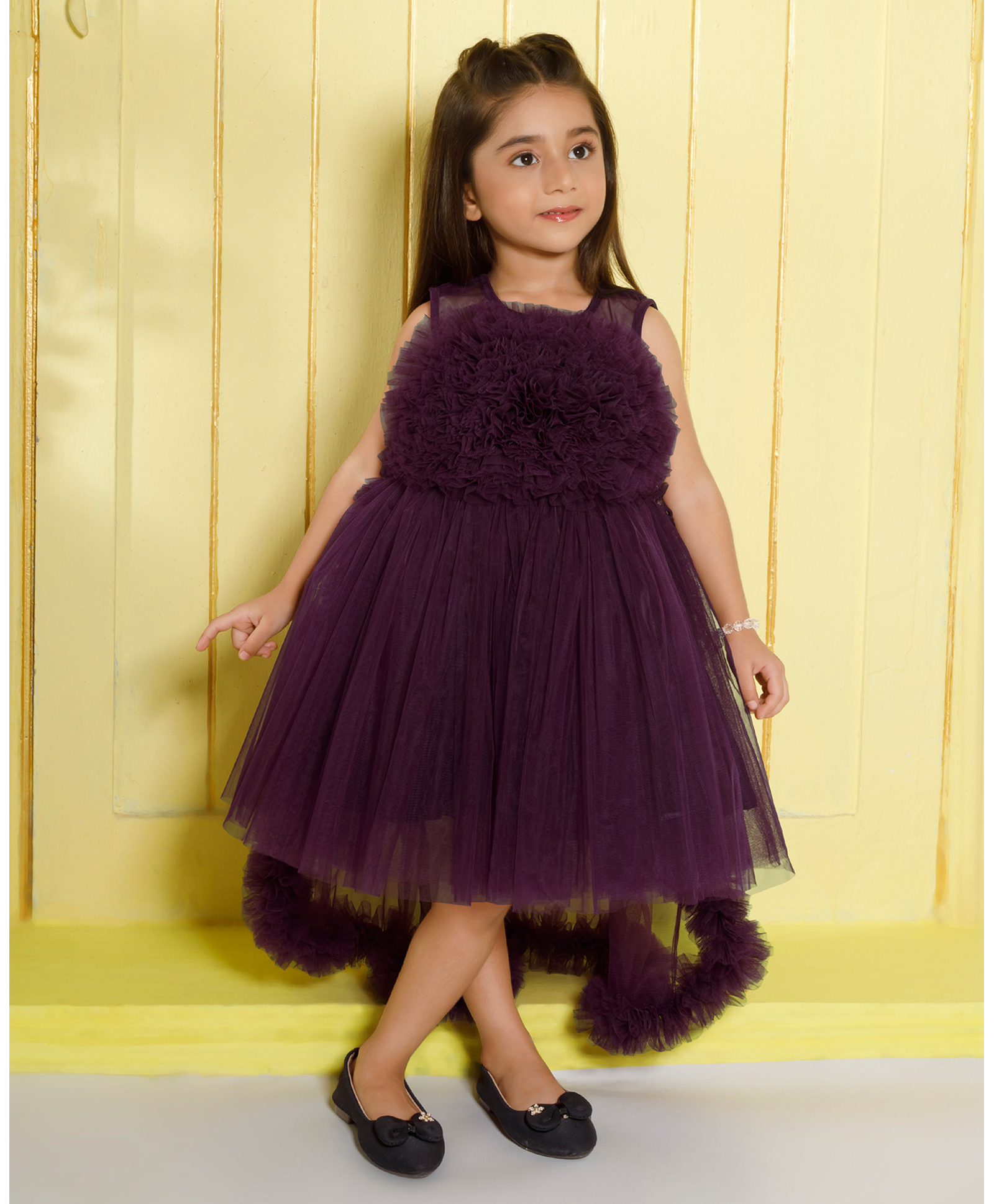 Ministitch Net Woven Sleeveless Ruffle Detailed High Low Dress - Wine-image-40