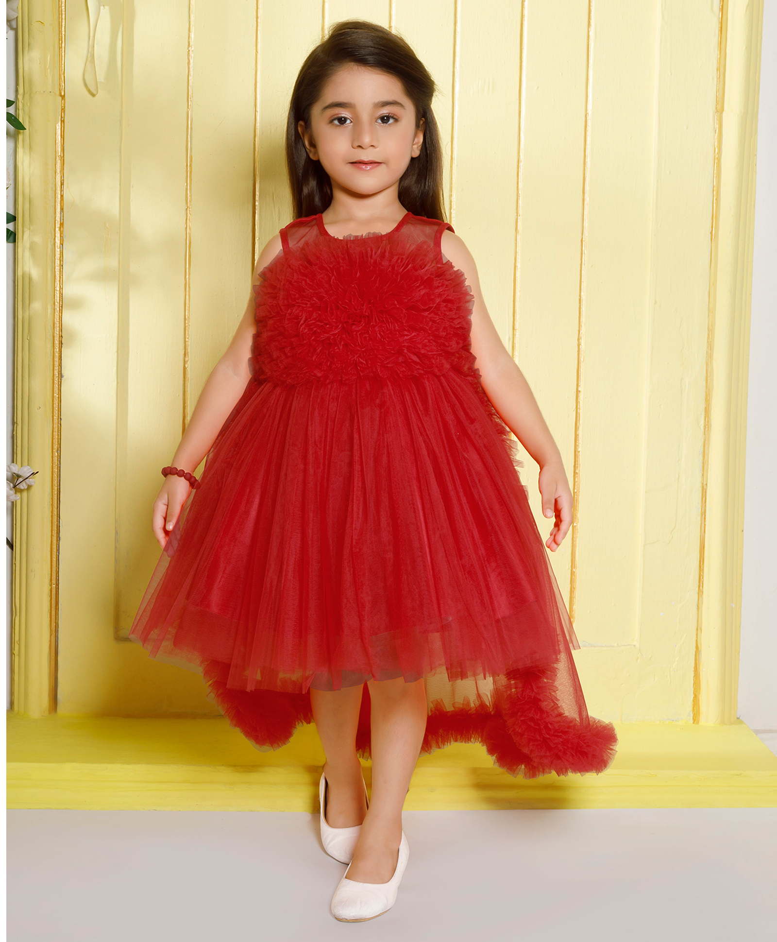 Ministitch Net Woven Sleeveless Ruffle Detailed High Low Dress - Red-image-41