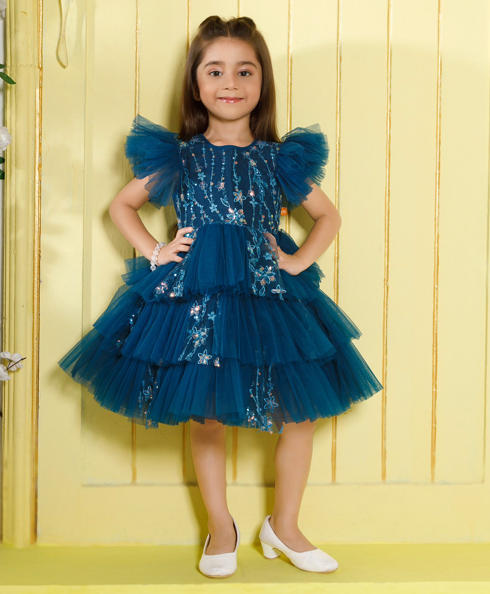 Ministitch Net Woven Flutter Sleeves Floral Embroidered & Sequins Embellished Tiered Dress - Teal-picture-8