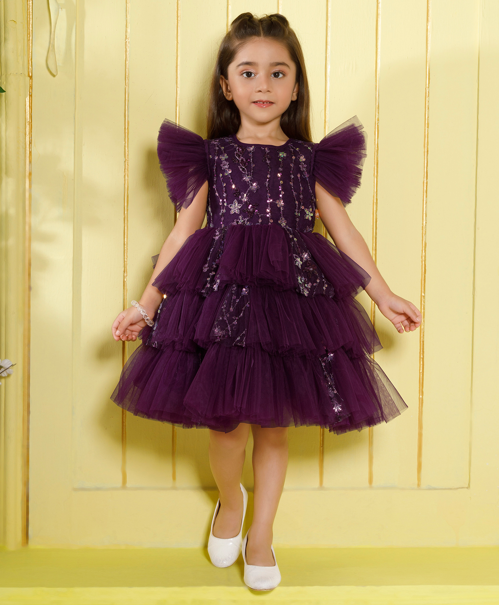 Ministitch Net Woven Flutter Sleeves Floral Embroidered & Sequins Embellished Tiered Dress - Wine-image-11