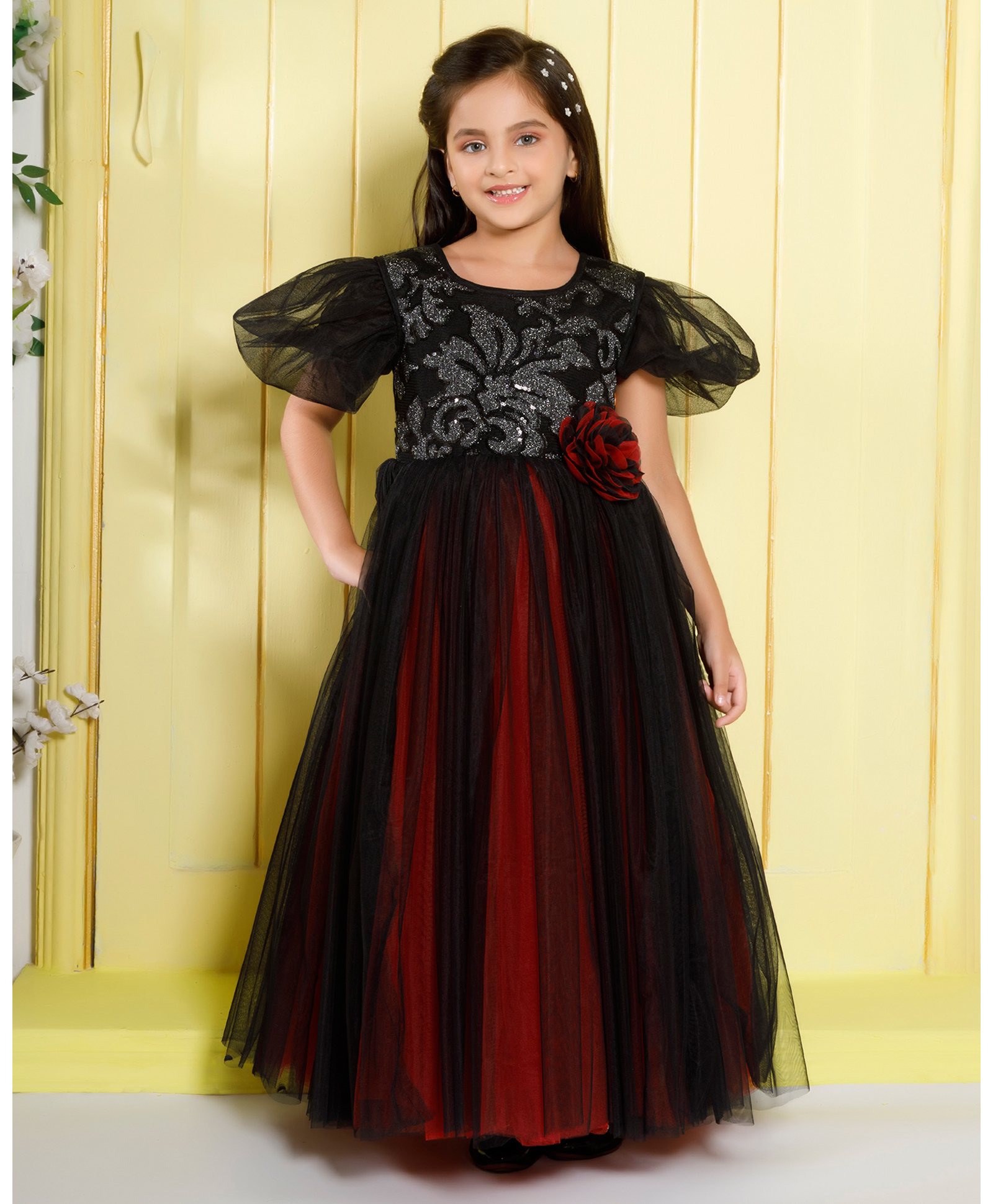 Ministitch Net Woven Half Puffed Sleeves Floral Designed Shimmered Gown - Black-picture-18