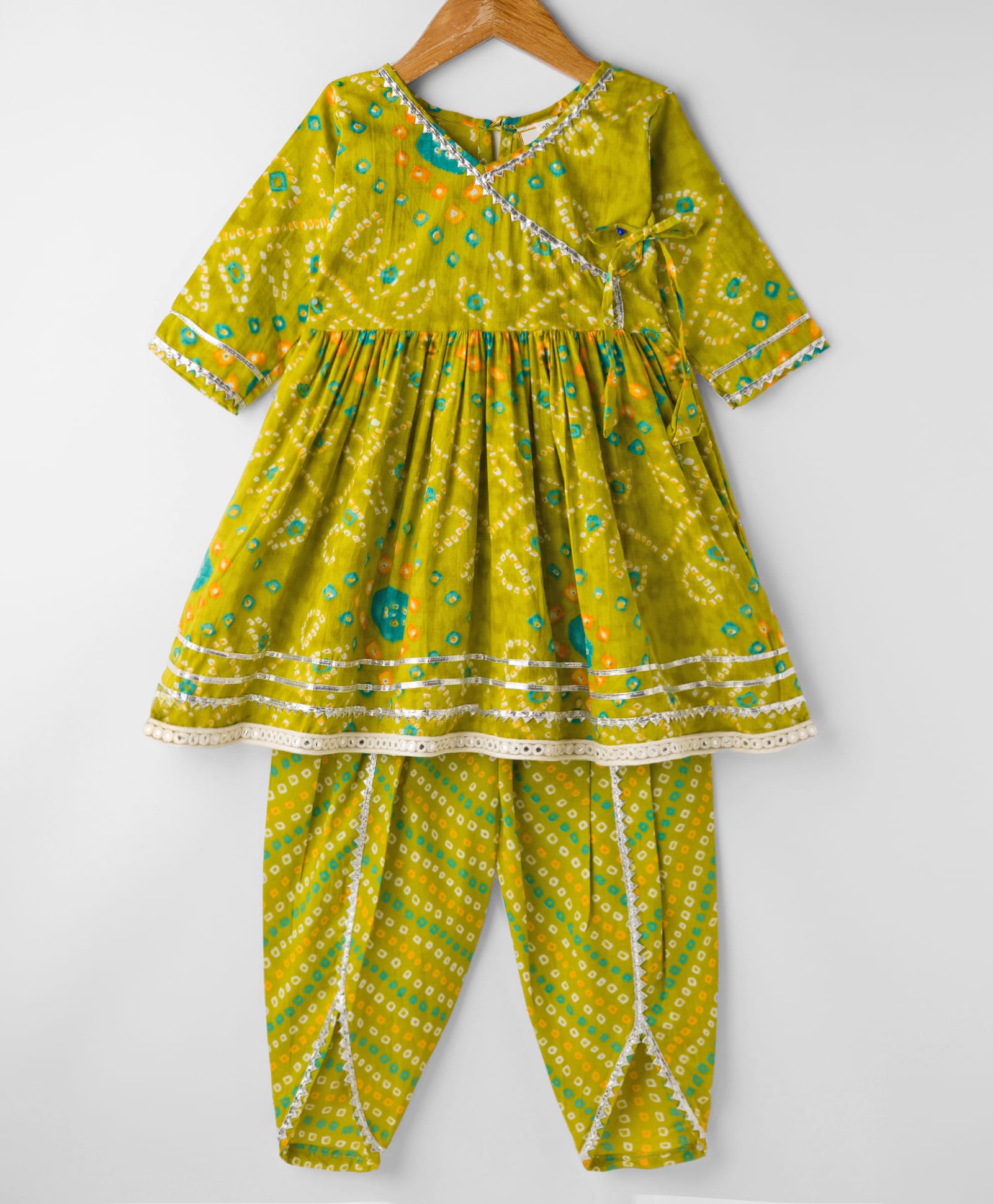 Teentare Cotton Three Fourth Sleeves Woven Bhandani Printed Kurti & Patiala Set - Lime Green-image-32