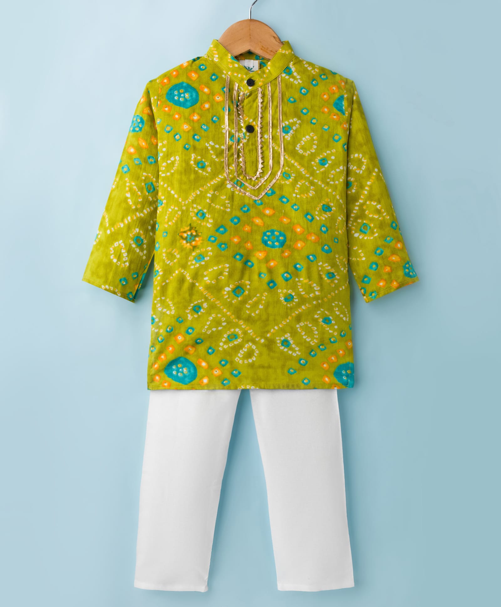 Teentare Cotton Woven Full Sleeves Kurta Pajama Set With Bandhani Print - Lime Green & White-image-11