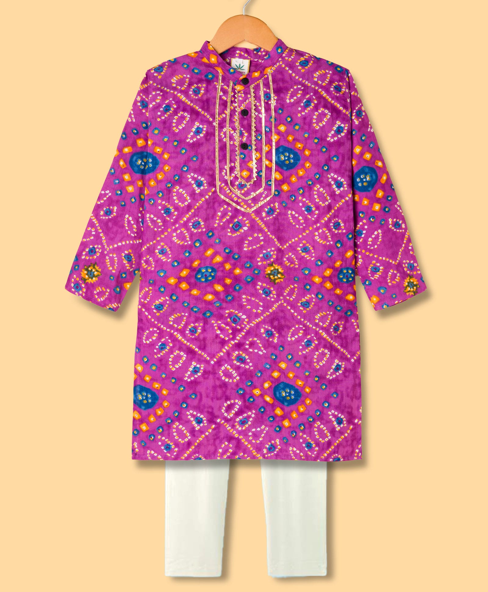 Teentaare Cotton Woven Full Sleeves Bandhani Printed Kurta & Pyjama Set - Purple & White-picture-26