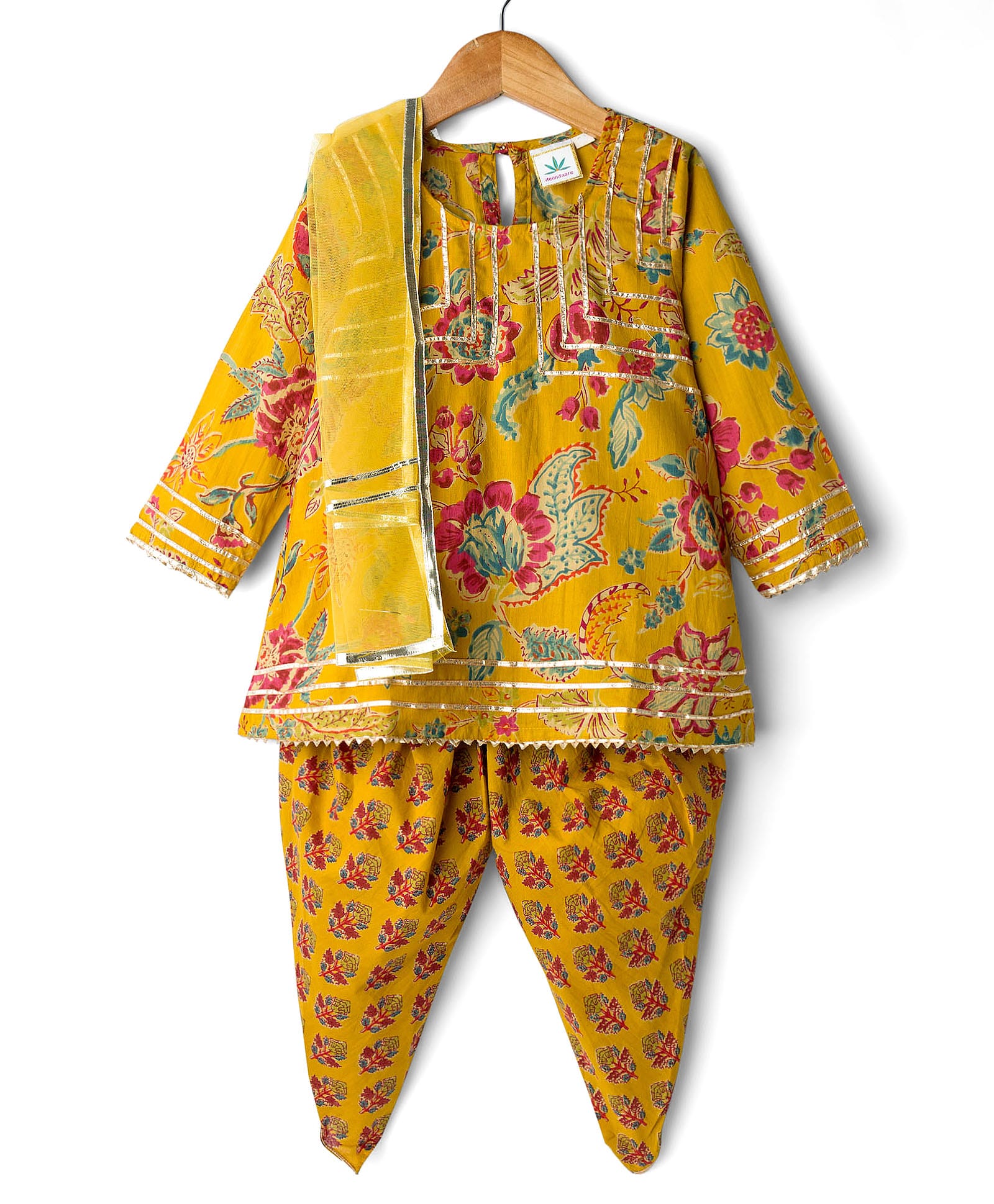 Teentaare Cotton Woven Three Fourth Sleeves Floral Printed & Foil Tape Detailing Kurta Salwar & Dupatta Set - Mustard Yellow-image-40