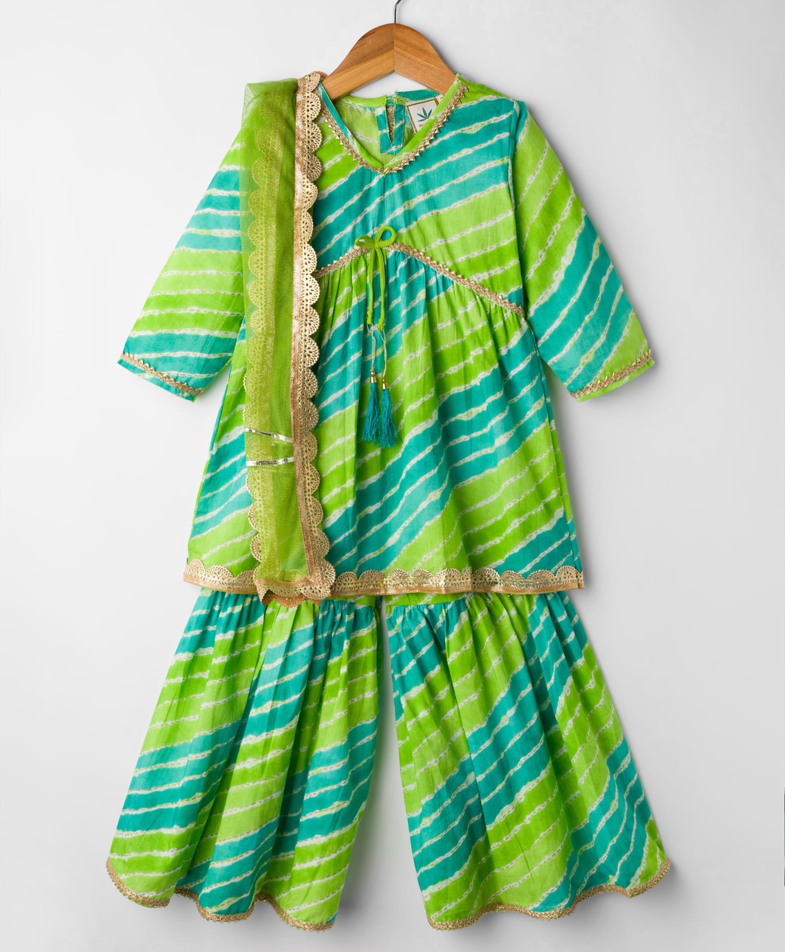 Teentare Cotton Woven Three Fourth Sleeves Striped Kurti Gharara Set with Dupatta & Lace Detailing - Limegreen-image-38