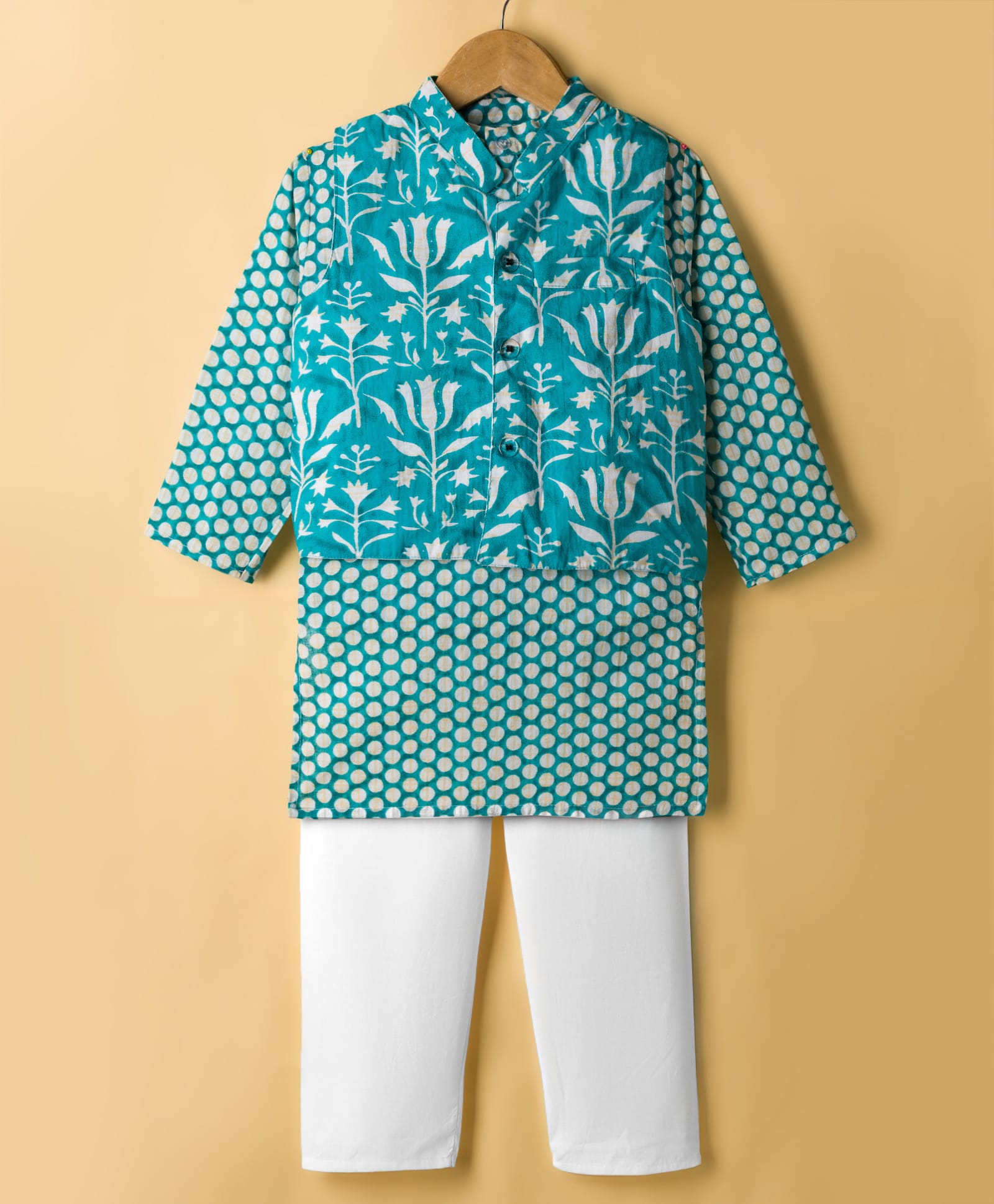 teentaare Teentare Cotton Woven Kurta Pajama & Jacket Set With Floral & Polka Dot Print - Turquoise & White-picture-25