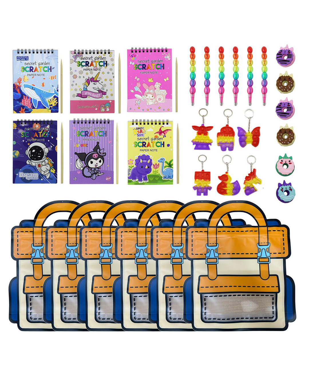 Asera Kids Stationery Combo Set with Zip Lock Bag Includes Scratch Pad, Lentu Pencil, Donut Eraser & Pop It Keychain Fun Birthday Return Gift for Boys & Girls (Set of 6)-image-24