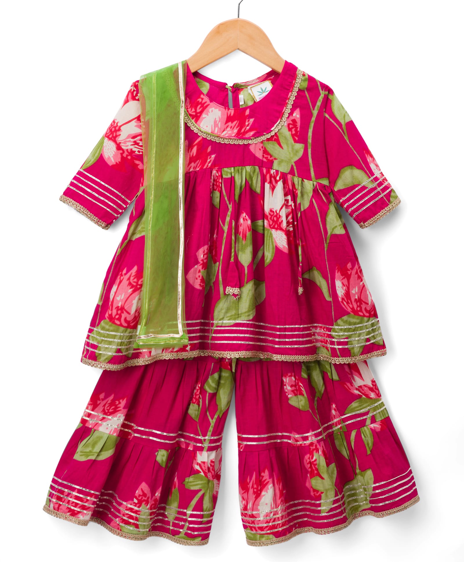 Teentare Cotton Woven Three Fourth Sleeves Kurta Sharara & Dupatta Set With Floral Print - Red-image-24