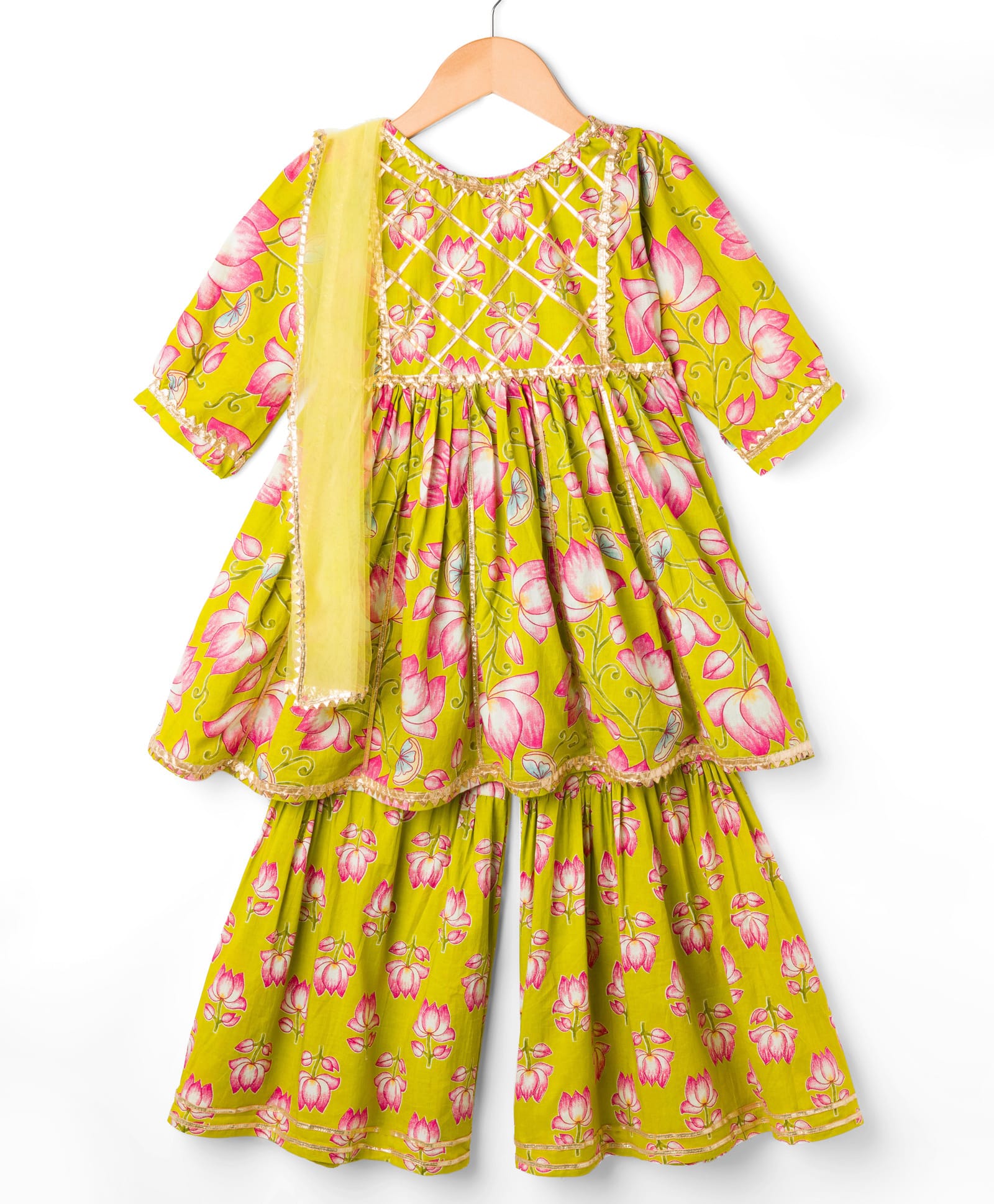 Teentare Cotton Woven Three Fourth Sleeves Kurti Gharara & Dupatta Set with Floral Print - Light Green & Pink-image-0