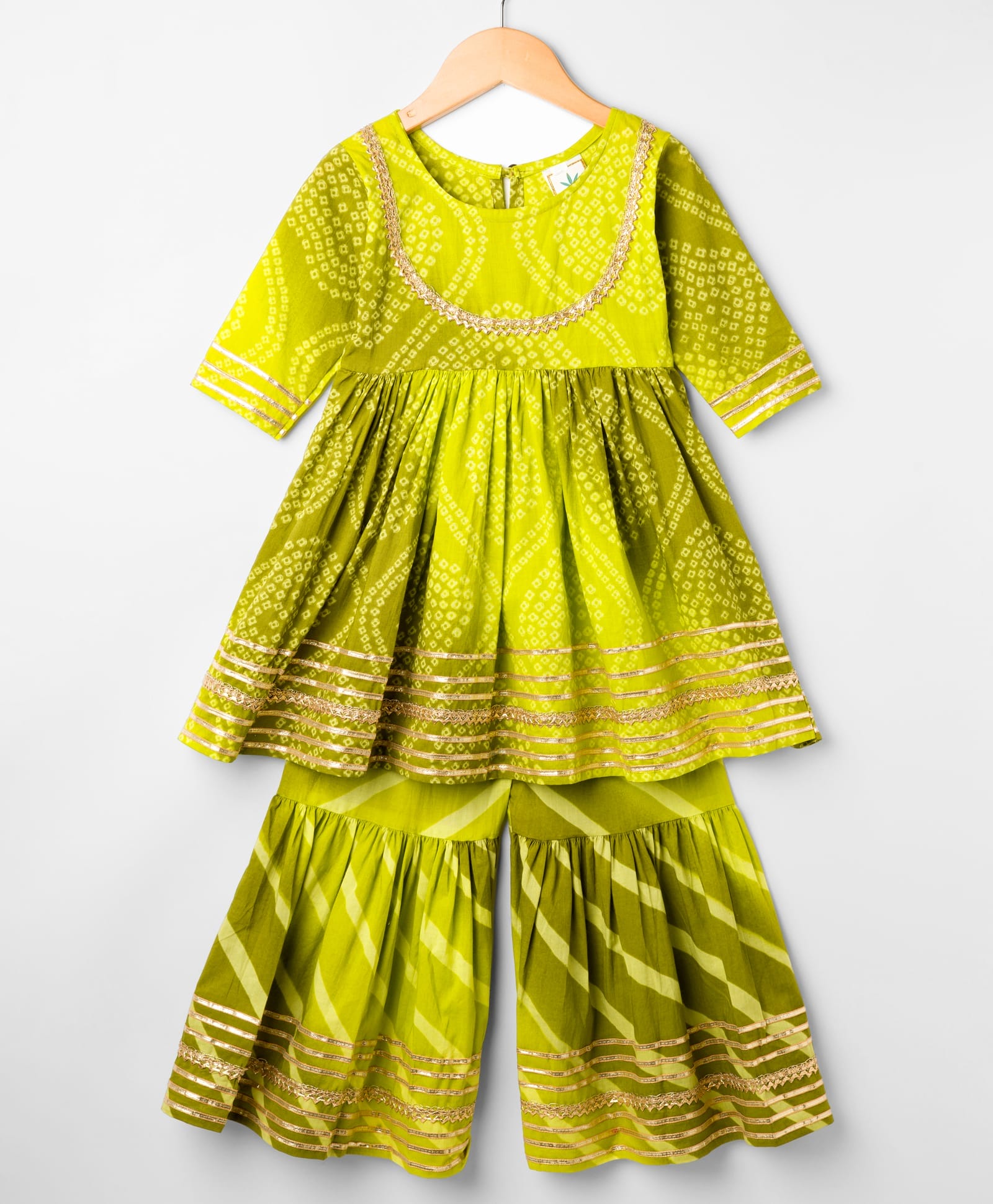 Teentaare Cotton Woven Three Fourth Sleeves Printed Kurti Gharara Set with Lace Detailing - Lime Green-image-48