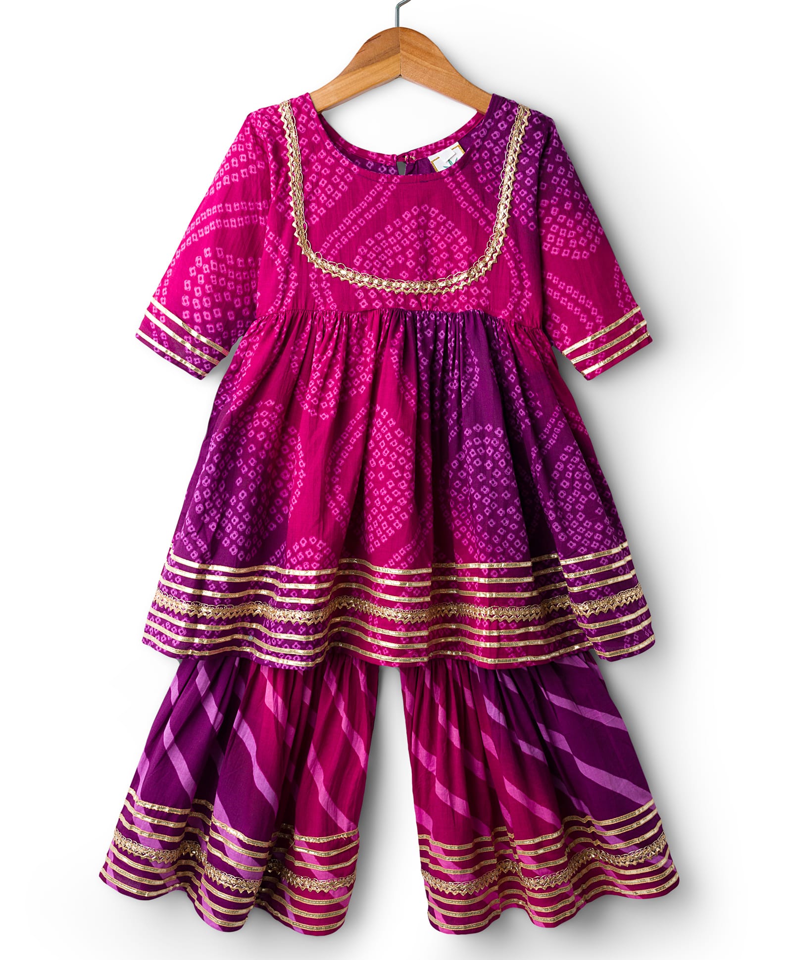 Teentare Cotton Woven Full Sleeves Kurta & Sharara Set With Bandhani Print - Purple