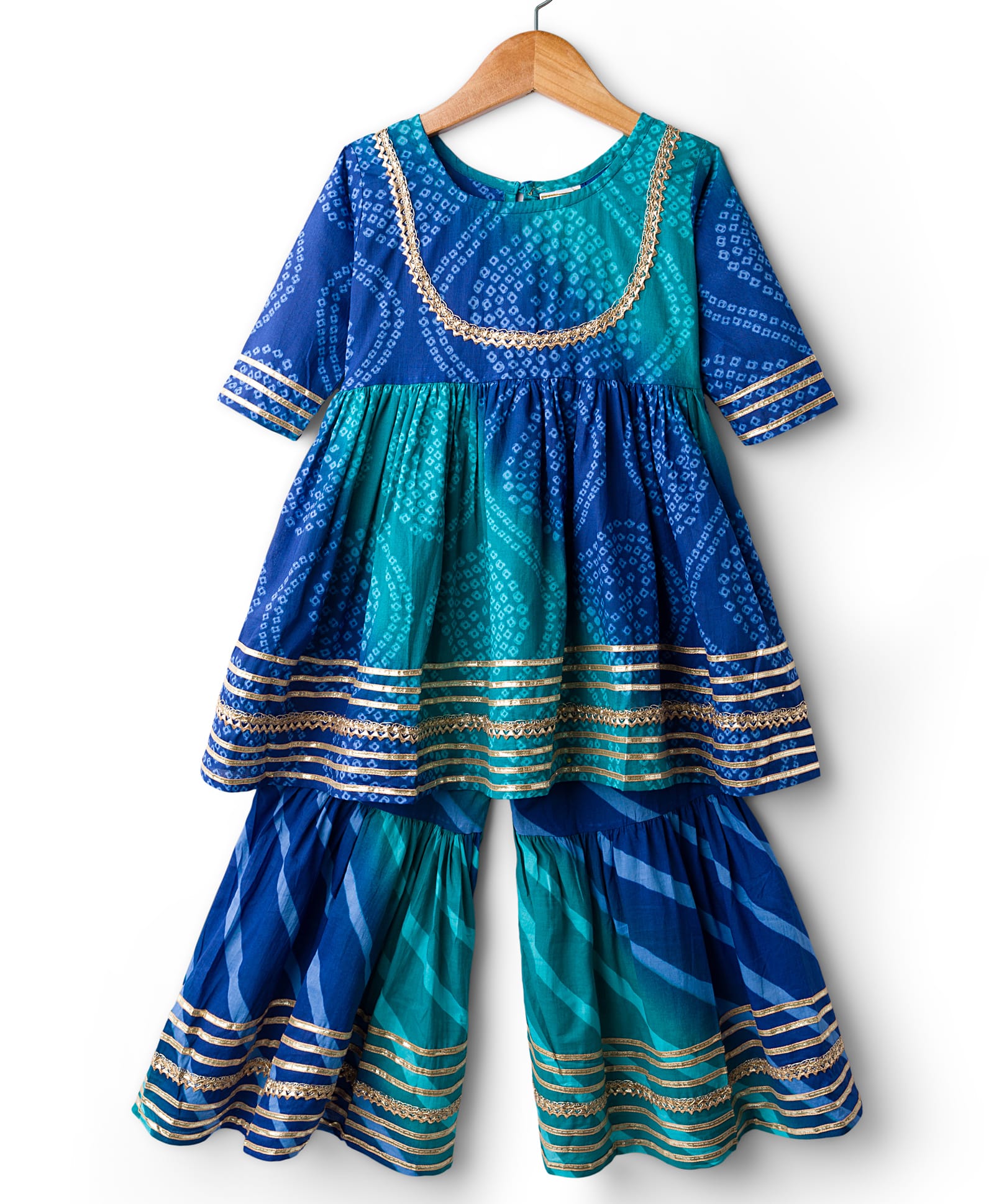 teentare cotton woven full sleeves kurta & sharara set with bandhani print - turquoise
