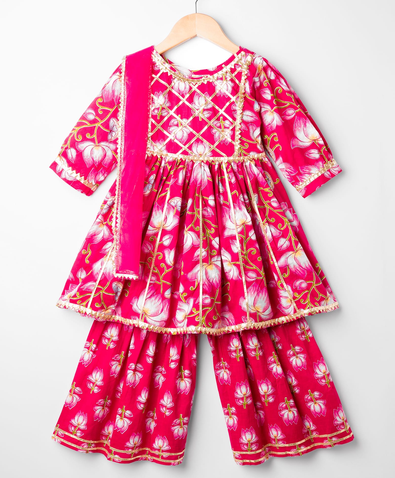 Teentare Cotton Woven Three Fourth Sleeves Kurti Gharara Set with Dupatta & Floral Print - Dark Pink-image-25