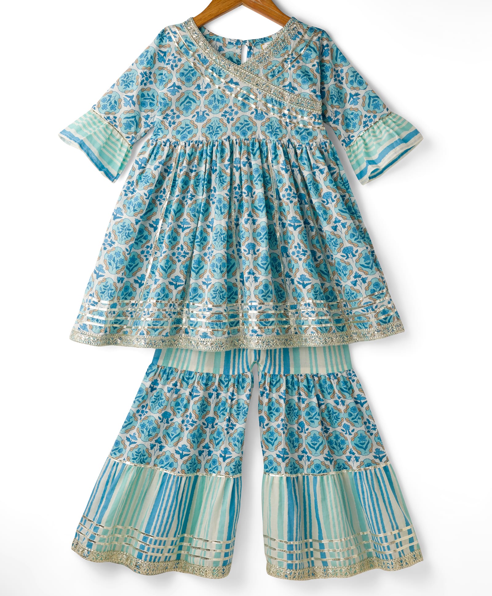 teentaare Teentare Cotton Woven Three Fourth Sleeves Kurta & Gharara & Dupatta Set With Floral Print - Light Blue-picture-10
