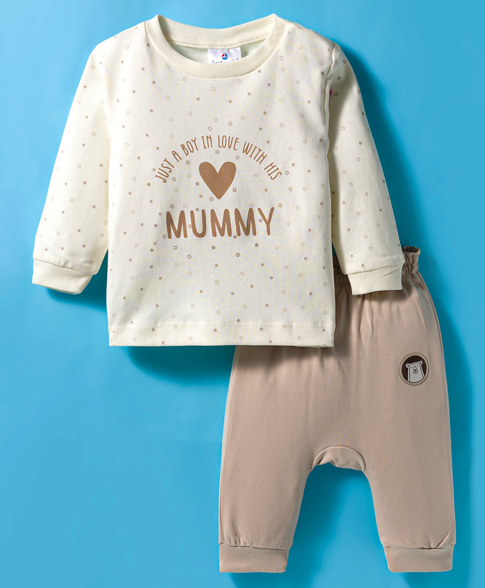 First Smile Interlock Knit Full Sleeves T-Shirt & Diaper Pant Set with Text Print - Cream & Ivory
