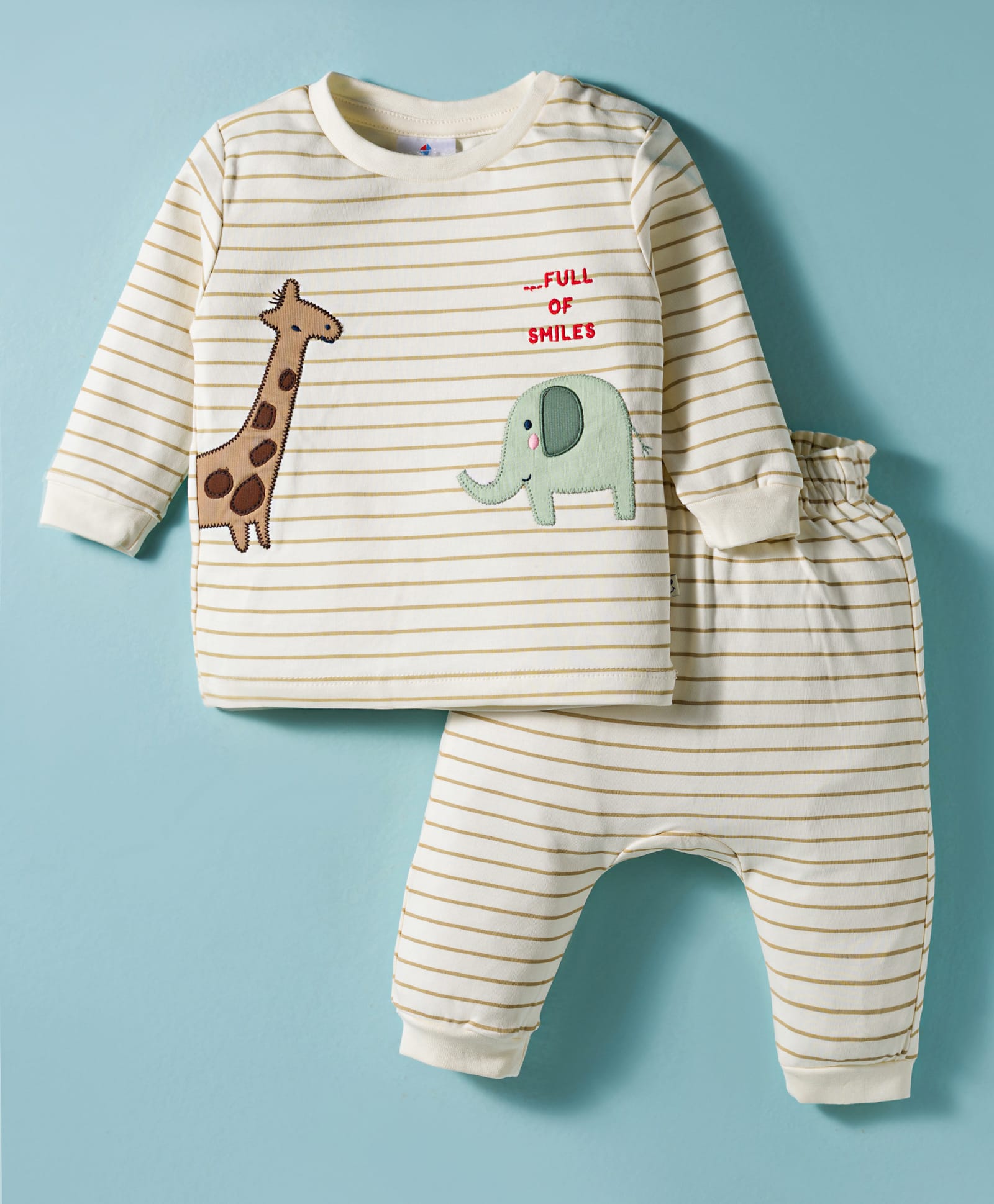 First Smile Interlock Knit Full Sleeves Striped T-Shirt & Diaper Pant Set with Animal Embroidery - Cream-image-9