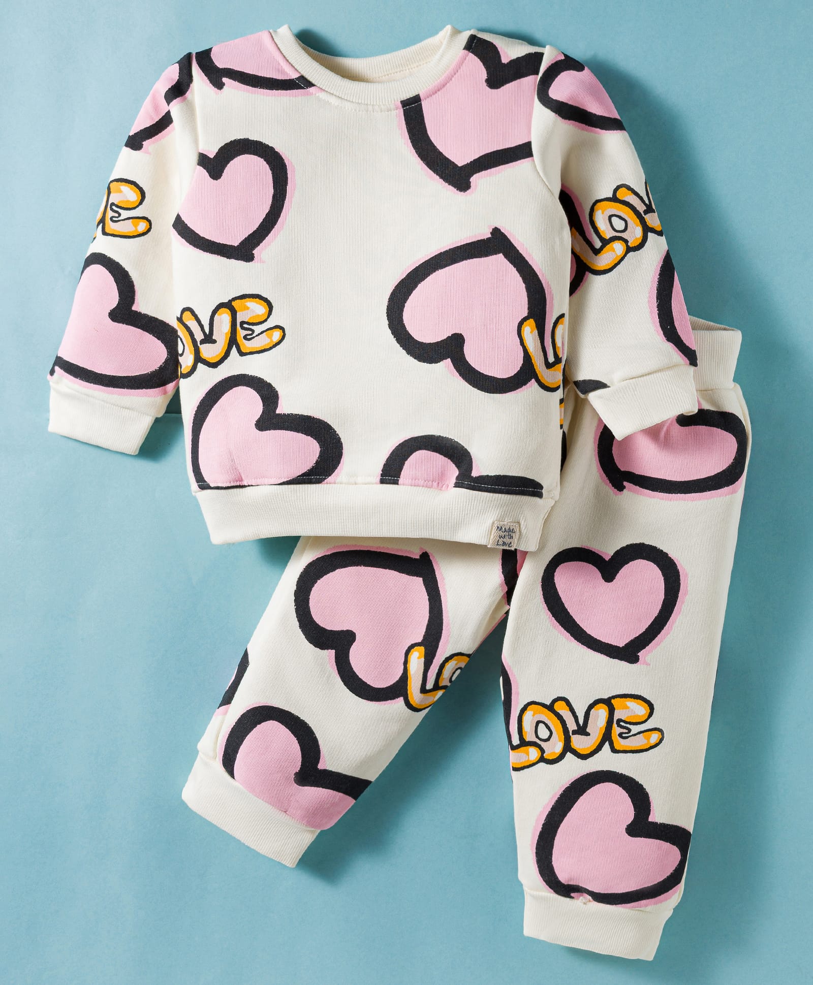 Ollypop Fleece Knit Full Sleeves Co-ords Winter Wear T-Shirt & Lounge Pant Set with Heart Print - Cream-picture-27