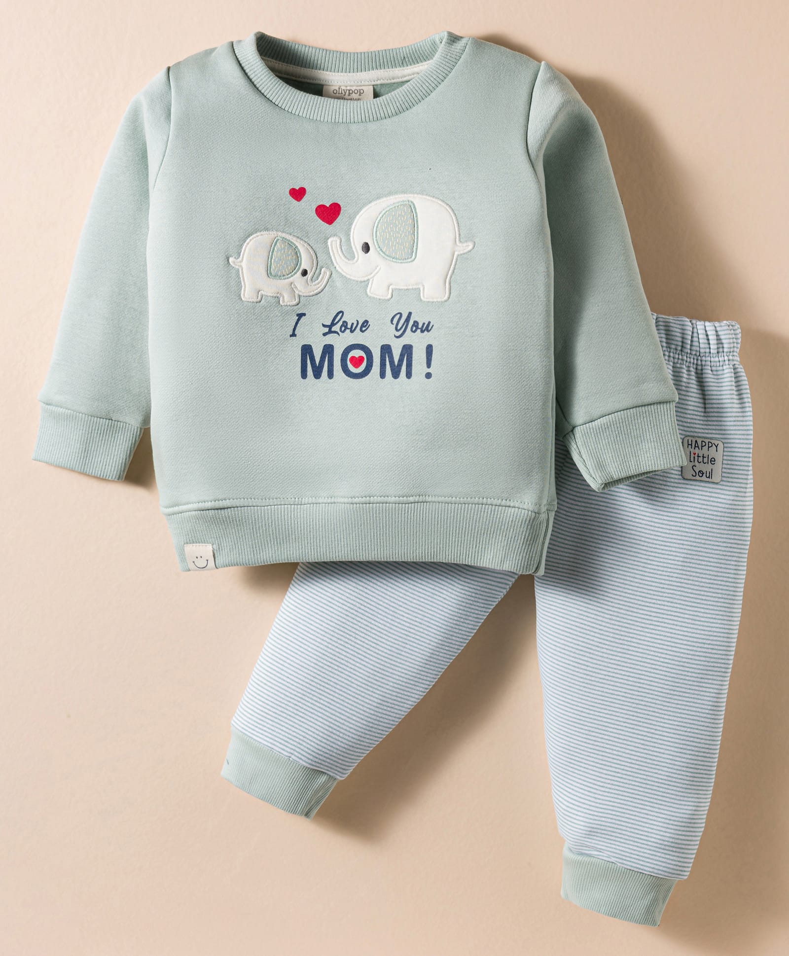 Ollypop Fleece Knit Full Sleeves Winter Wear T-Shirt & Lounge Pant Set with Elephant Patch Detailing - Sea Green-picture-14