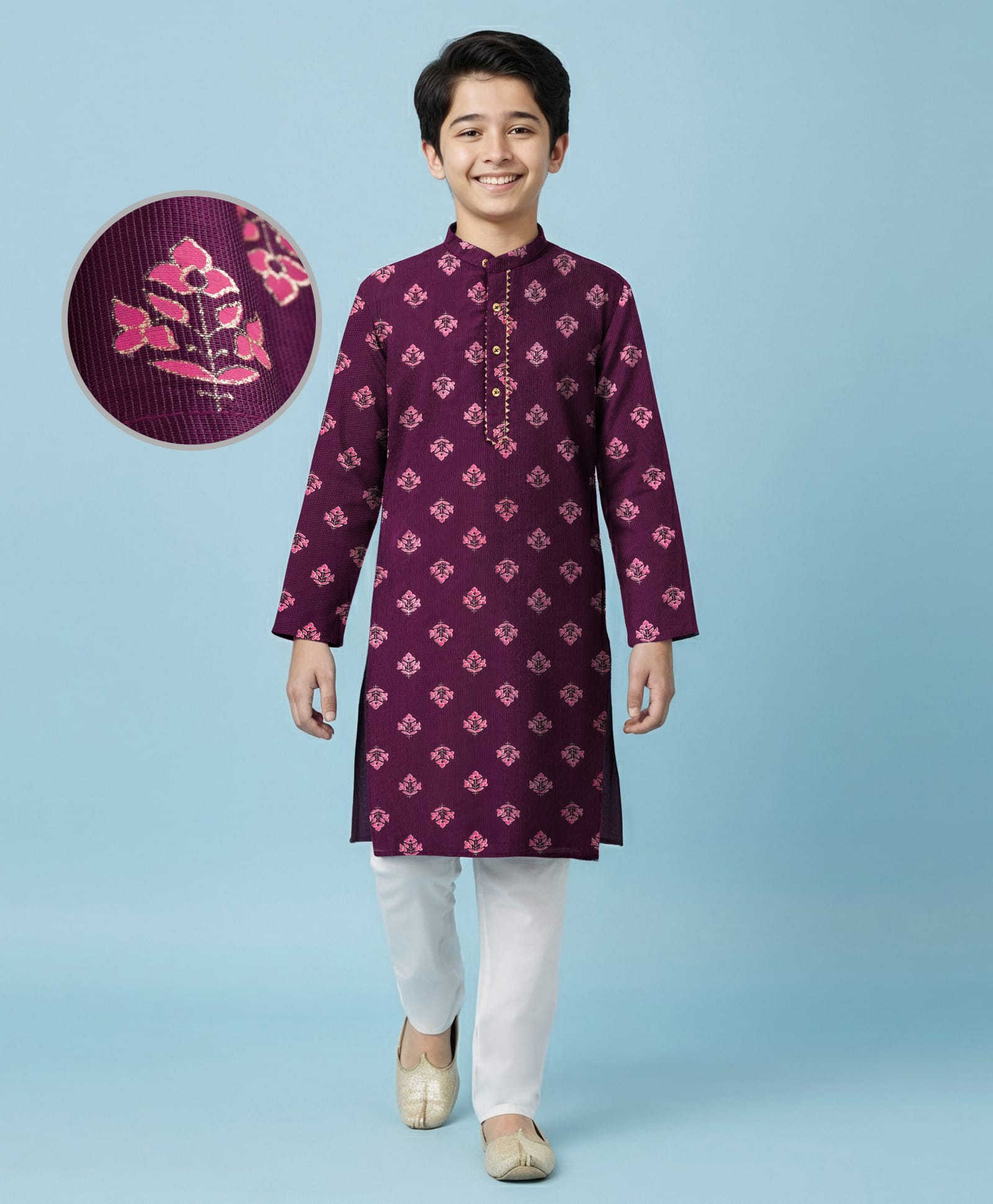 EARTHY TOUCH Woven Full Sleeves Kurta Pjyama Set With Foil Floral Print - Purple & White-picture-16