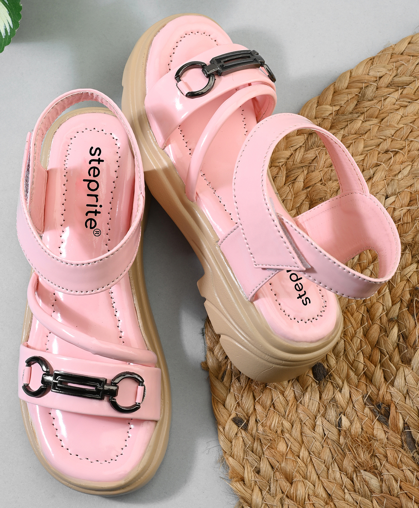 Steprite Velcro Closure Metal Applique Wedges Sandals - Pink-image-35