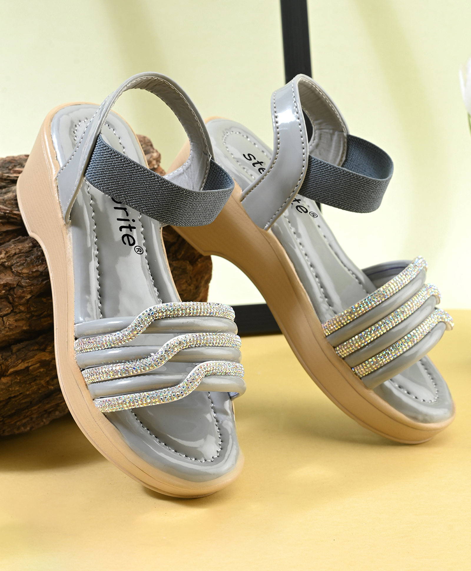 Steprite Velcro Closure Stone Embellished Wedges Sandals - Grey-picture-27