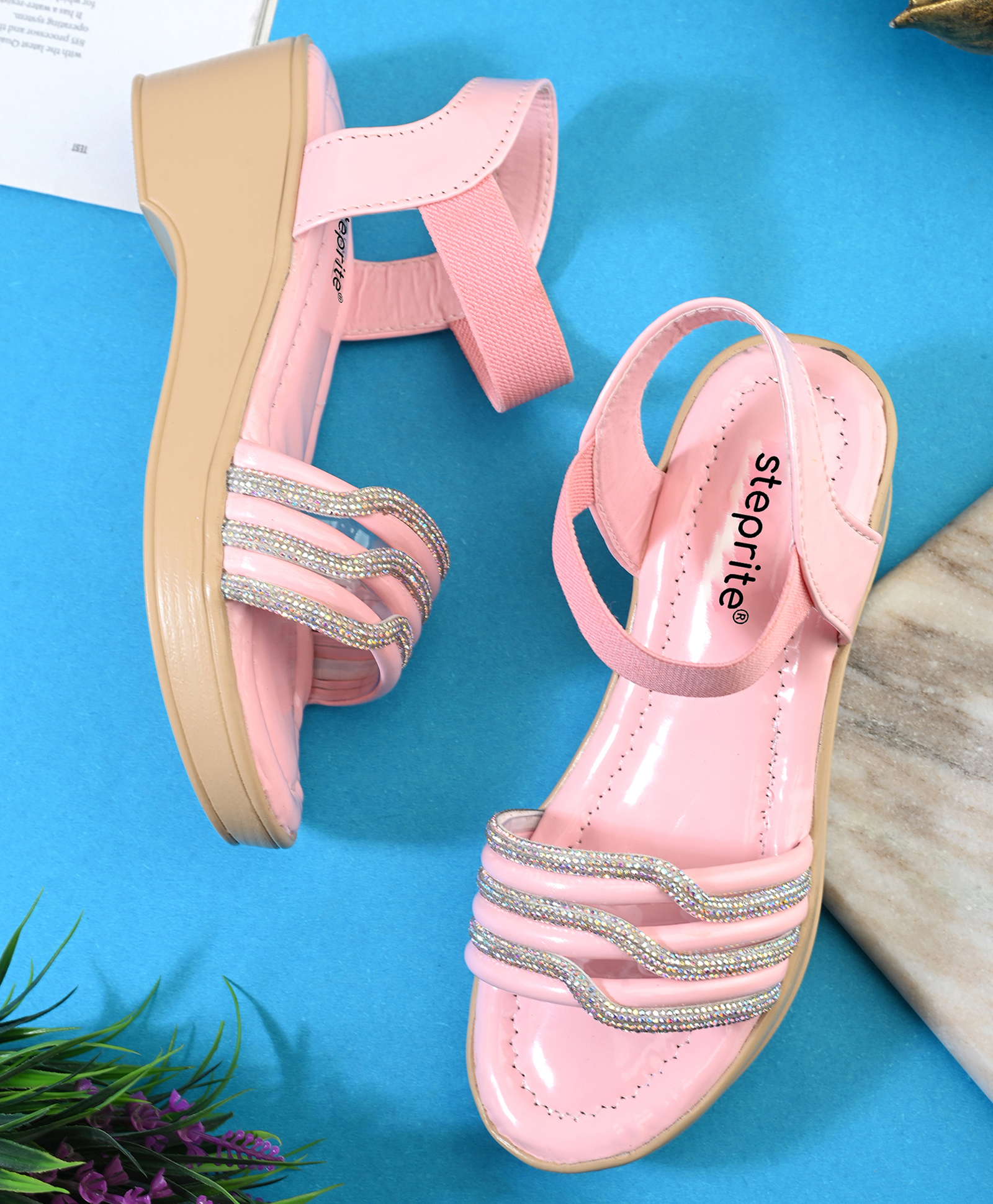 Steprite Velcro Closure Stone Embellished Wedges Sandals - Pink-picture-23