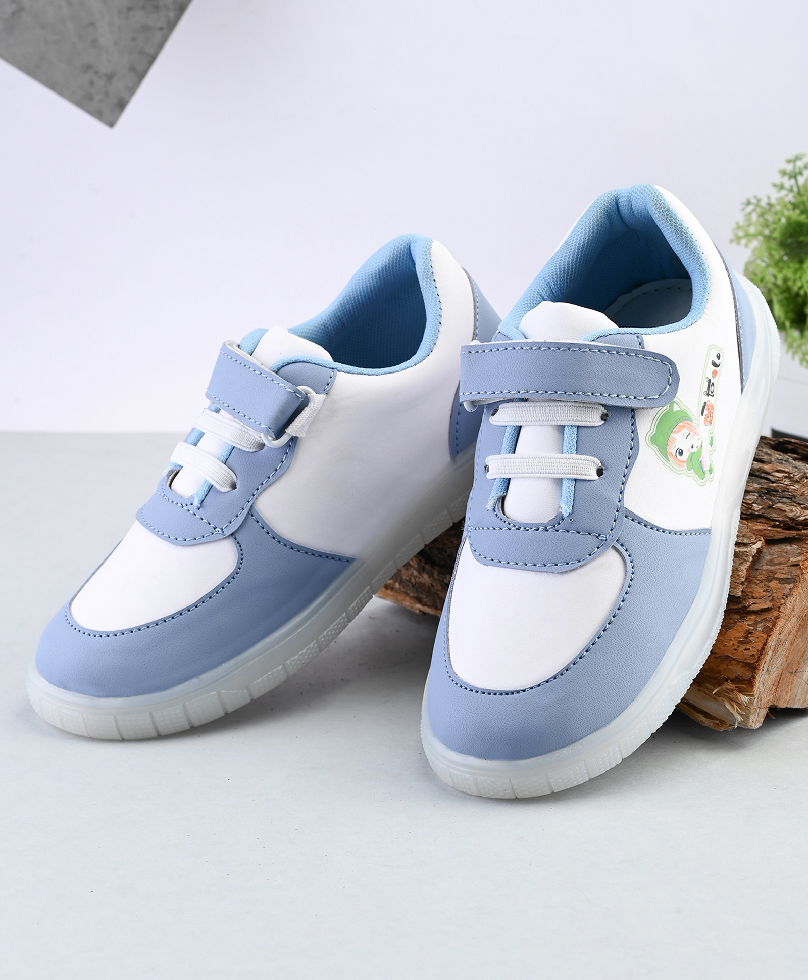 Steprite Colour Blocked Velcro Closure Girl With Cat Printed Sneakers - Blue-image-3