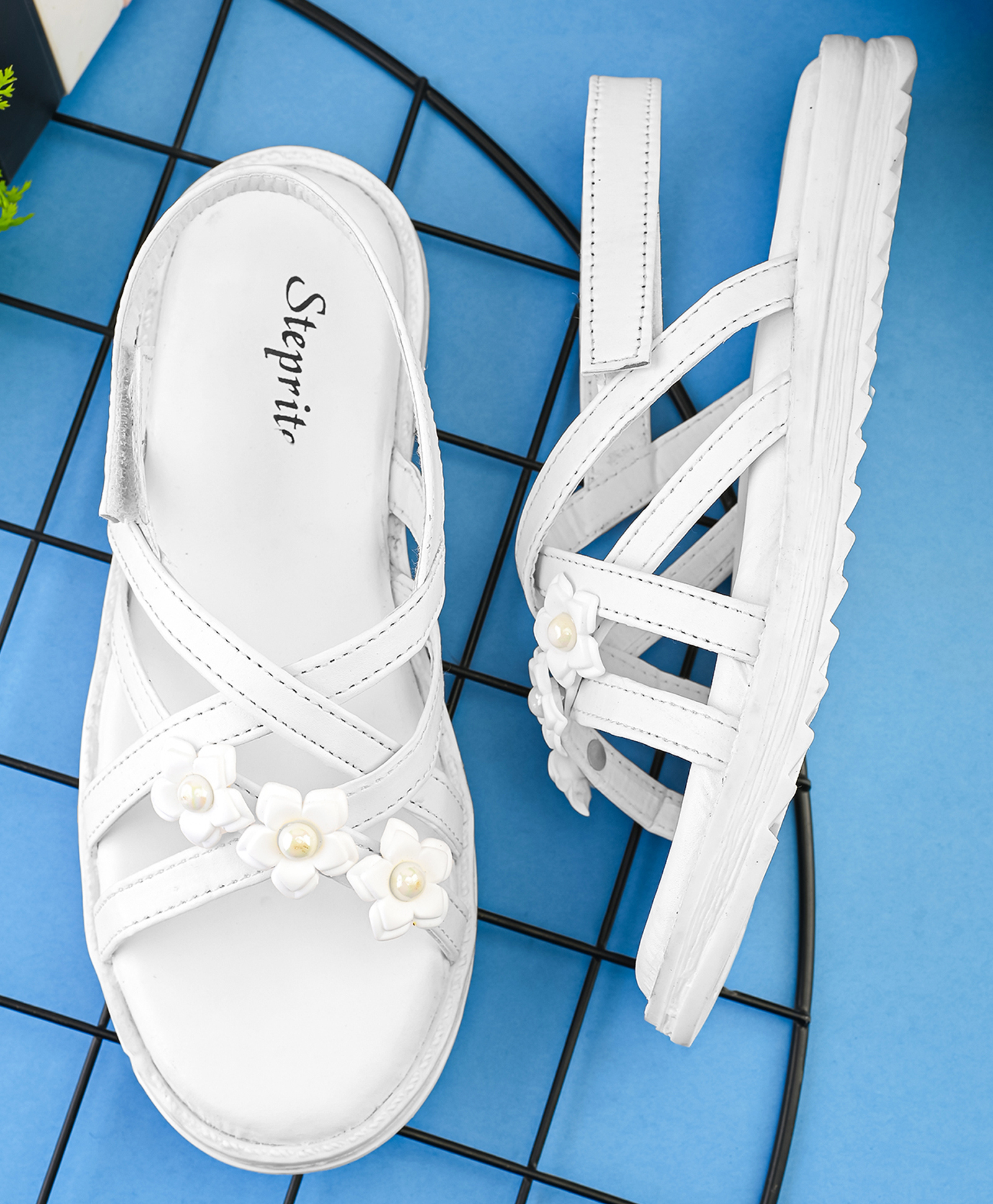Steprite Strip Velcro Closure Floral Applique Detailed Sandal - White-picture-40