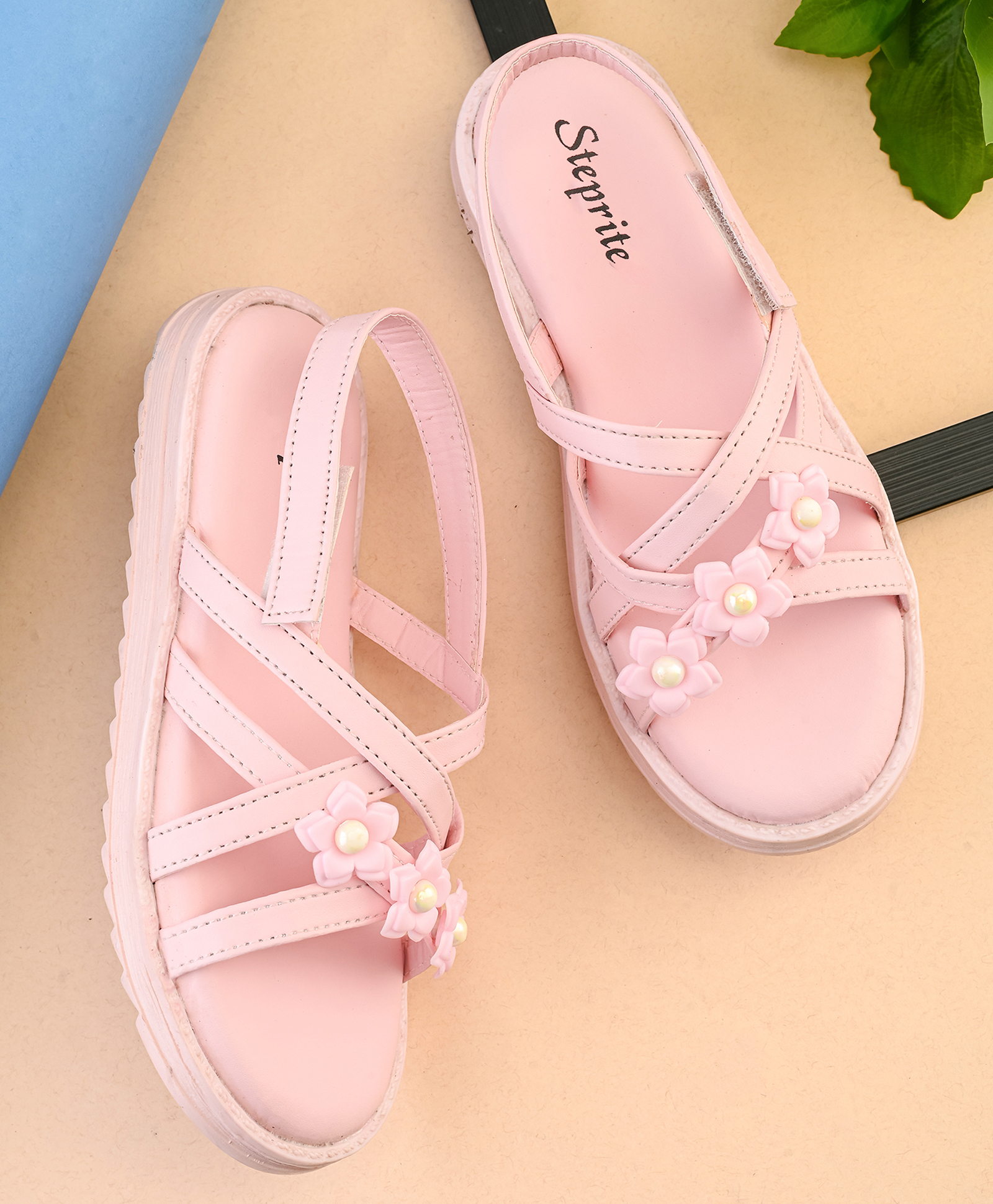 Steprite Strip Velcro Closure Floral Applique Detailed Sandal - Pink-picture-10